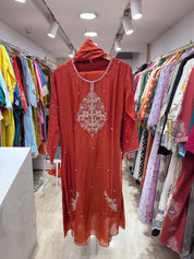 Vini Mul Chanderi Handwork Dress- Rust