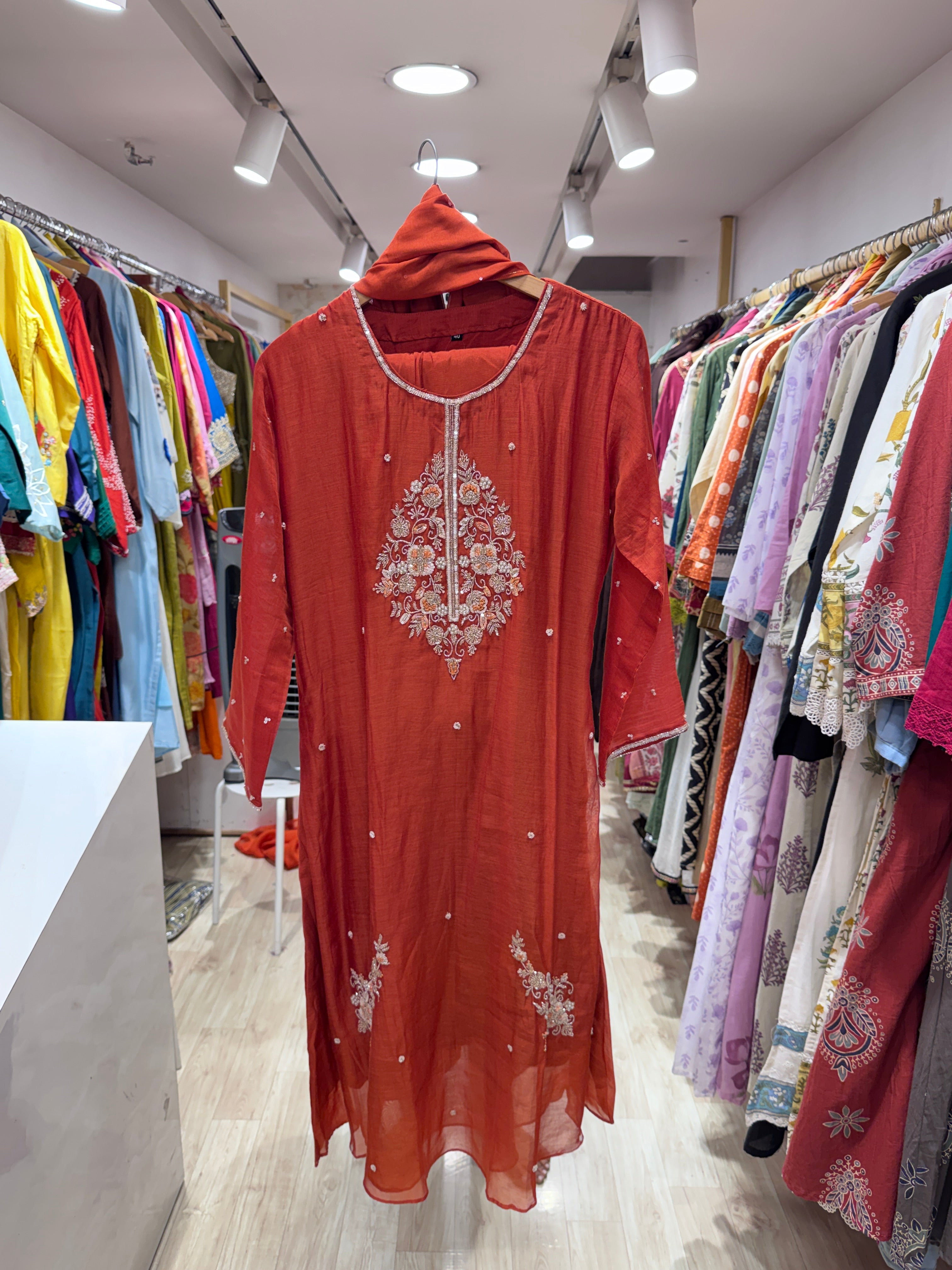 Vini Mul Chanderi Handwork Dress- Rust