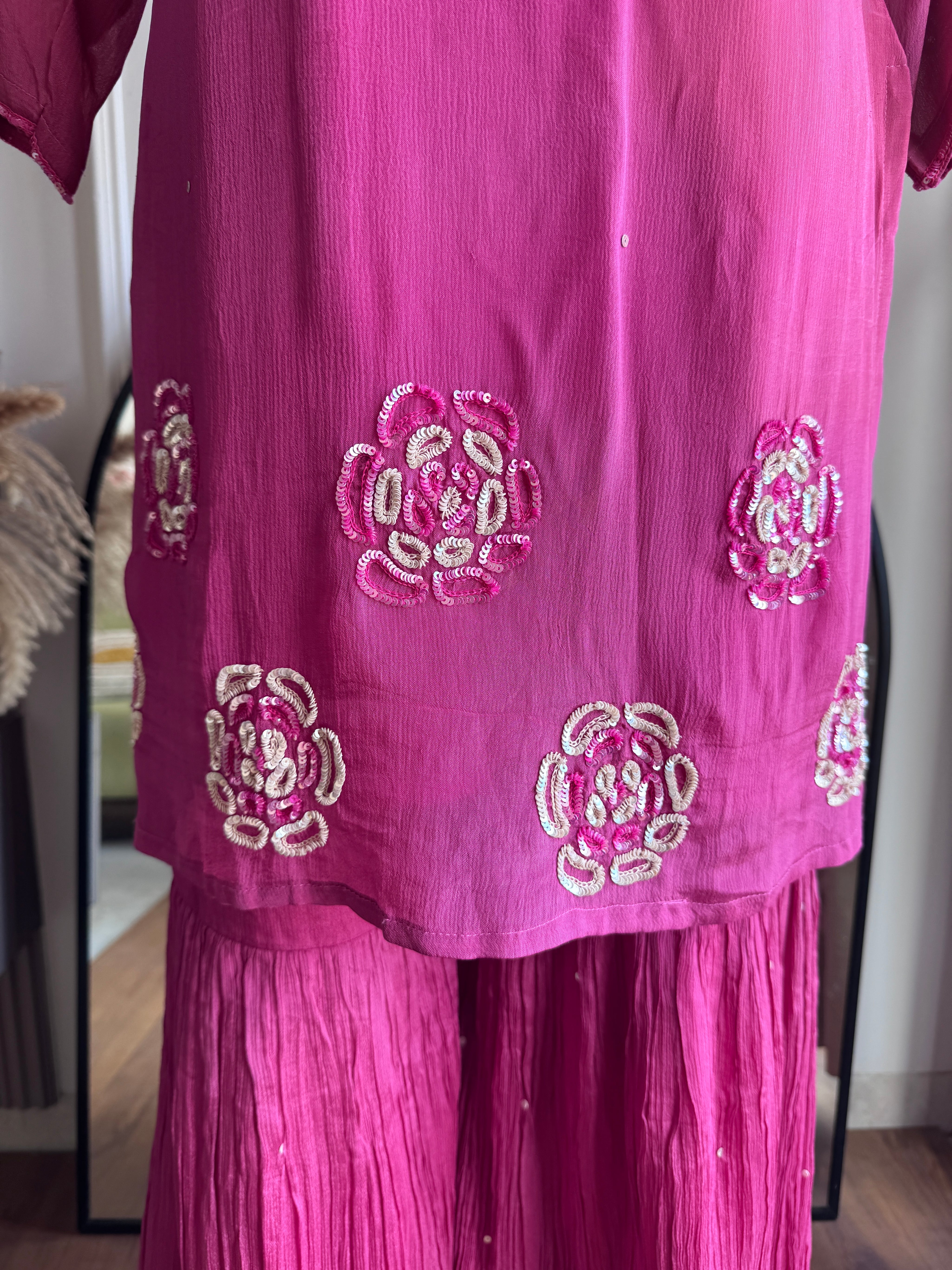 Esha Handwork Short Kurta Sharara Dress-Pink (Make to Order)