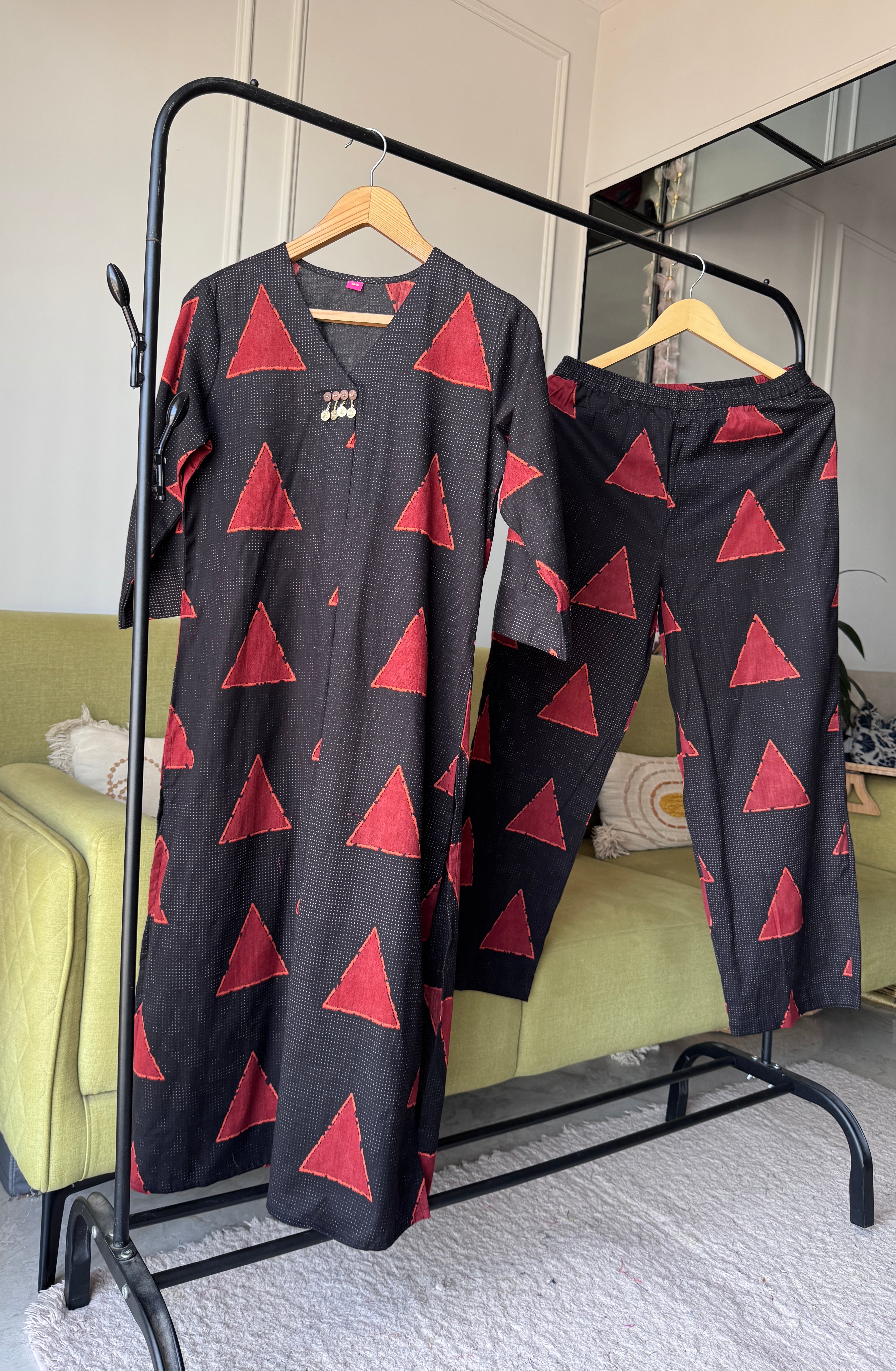 Aachal Print Cotton Dress- Black