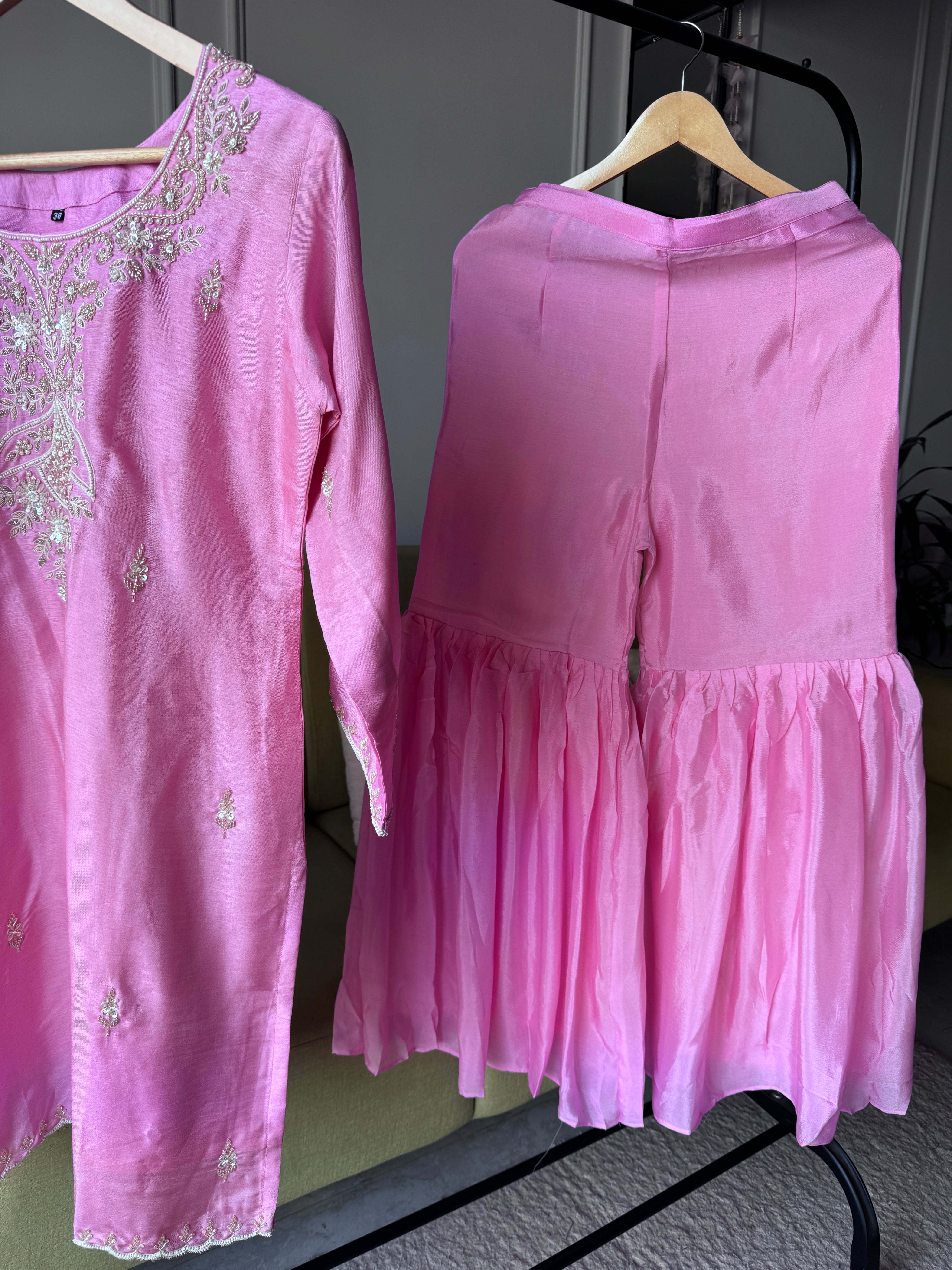 Rajvi Handwork Short Kurta With Plazzo Set- Baby Pink