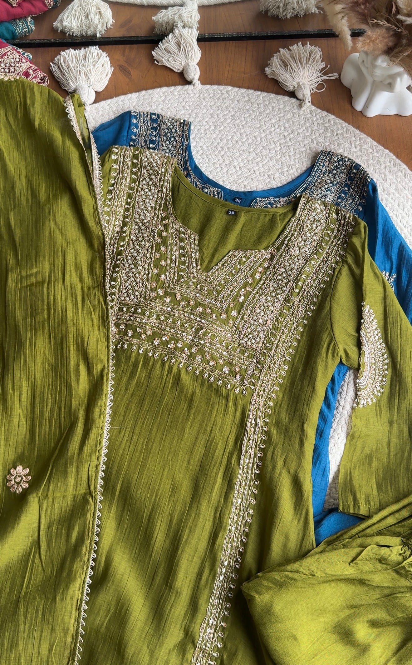 Twinkle Hand Work Mul Chanderi Dress- Mehndi Green