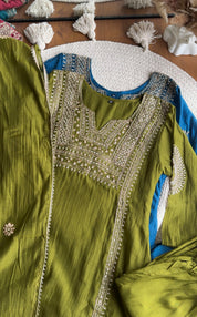 Twinkle Hand Work Mul Chanderi Dress- Mehndi Green