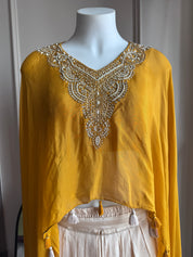 Karishma High Low Top With Padded Blouse And Tulip Pants- Musturd