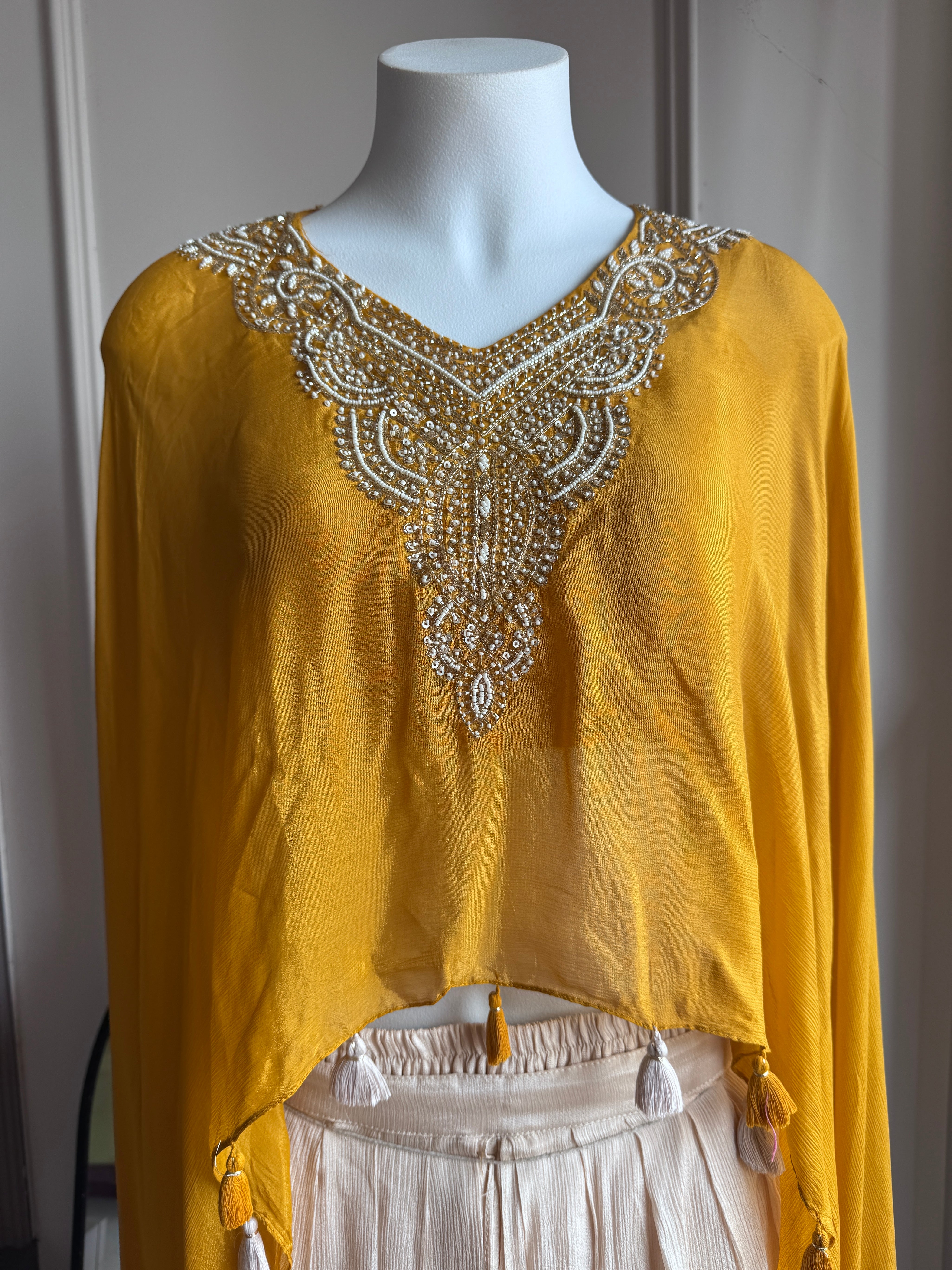 Karishma High Low Top With Padded Blouse And Tulip Pants- Musturd