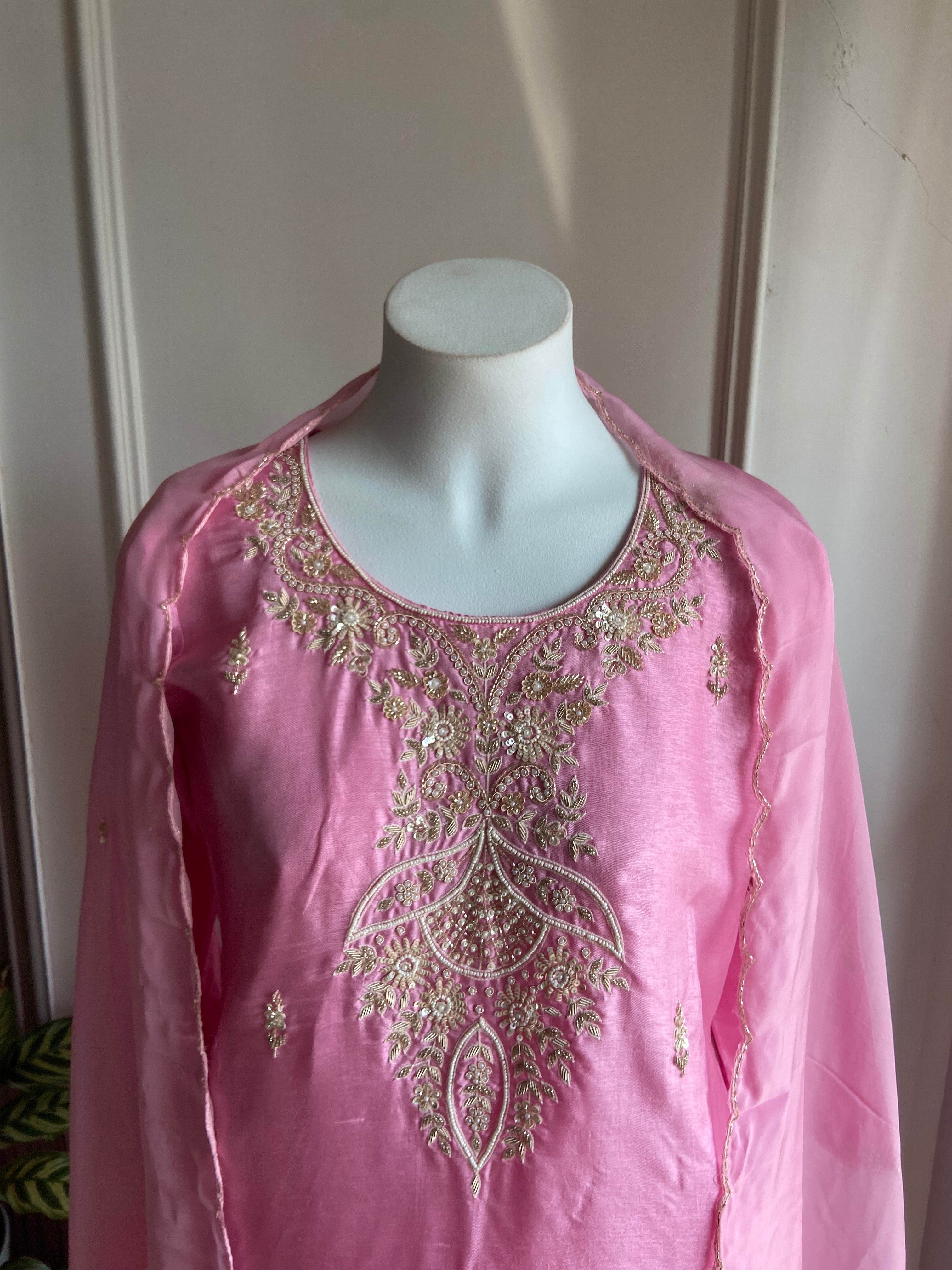 Rajvi Handwork Short Kurta Sharara Dress-Baby Pink