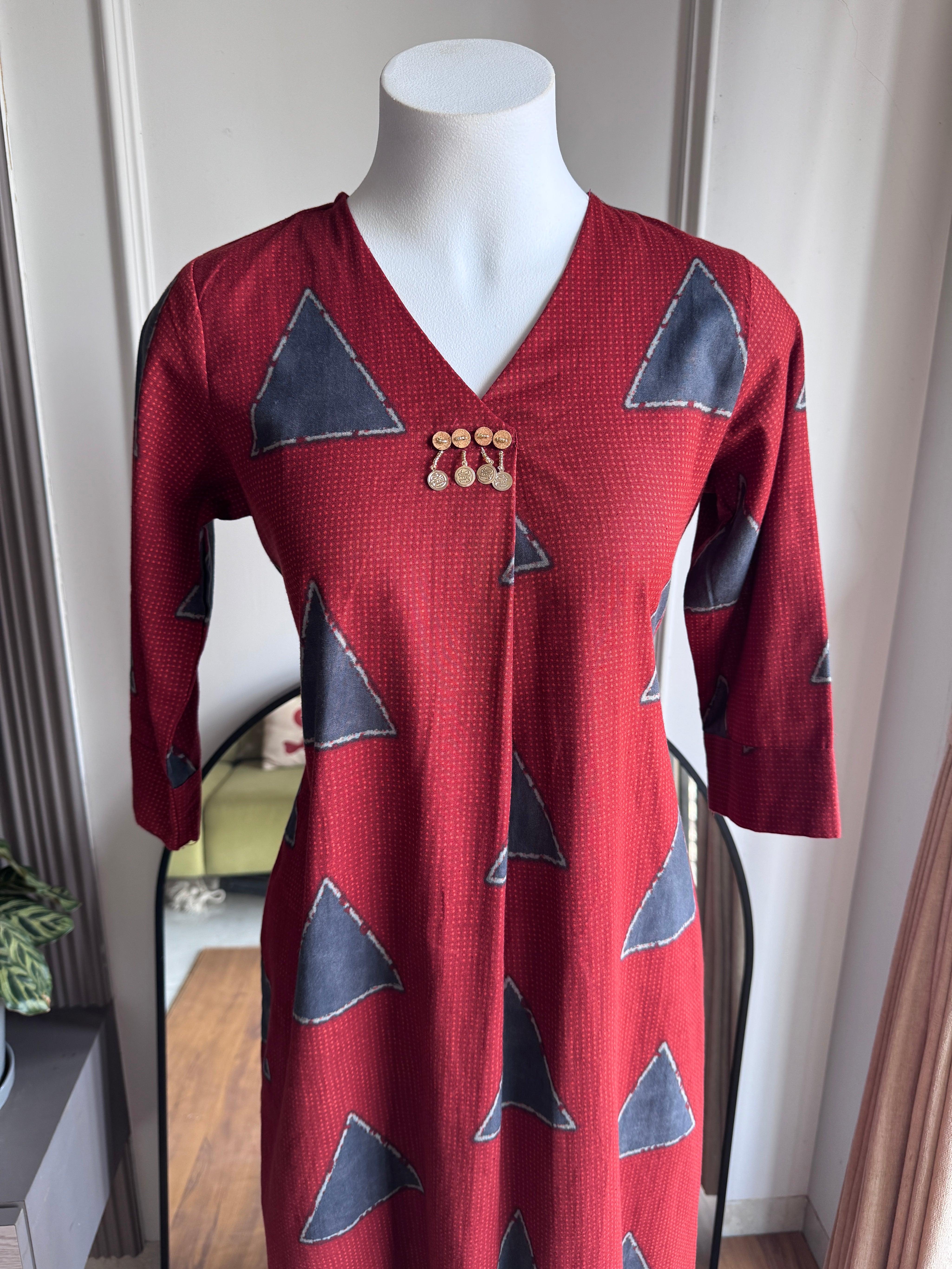 Aachal Print Cotton Dress- Red
