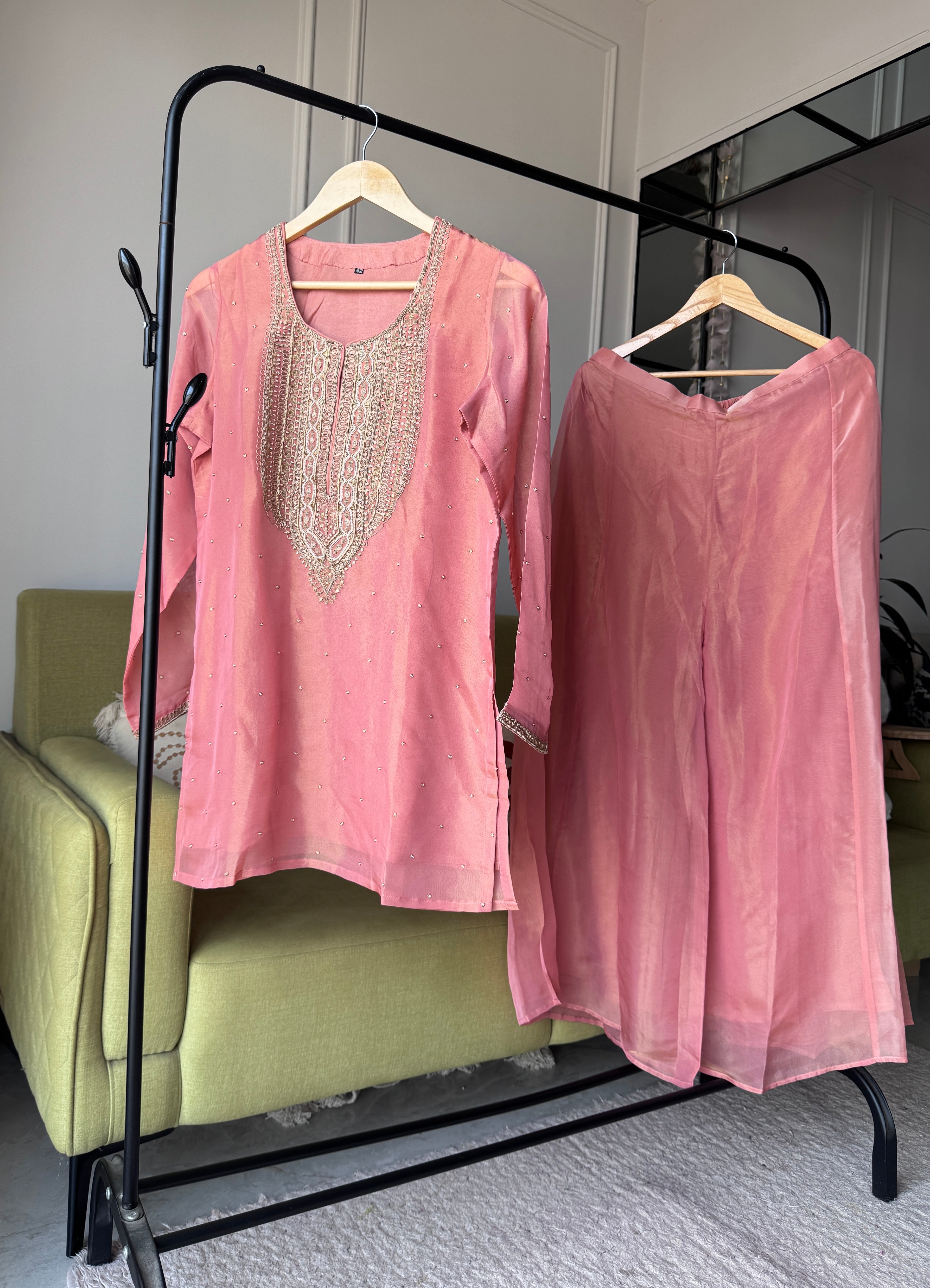 Apurva Handwork Zardoshi Work Plazzo Set- Peach (Make To Order)