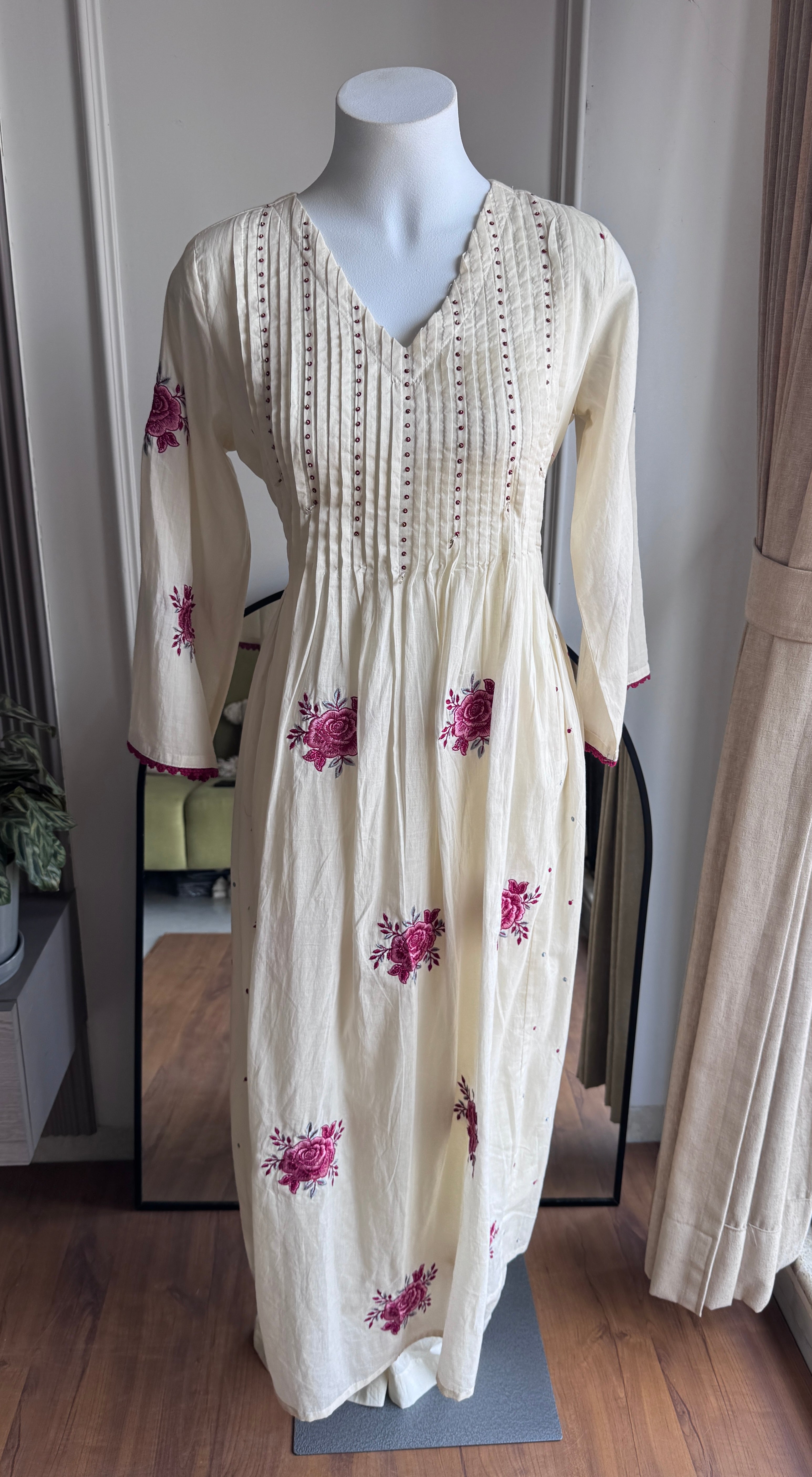 Jeevika embroidered mul cotton dress- White