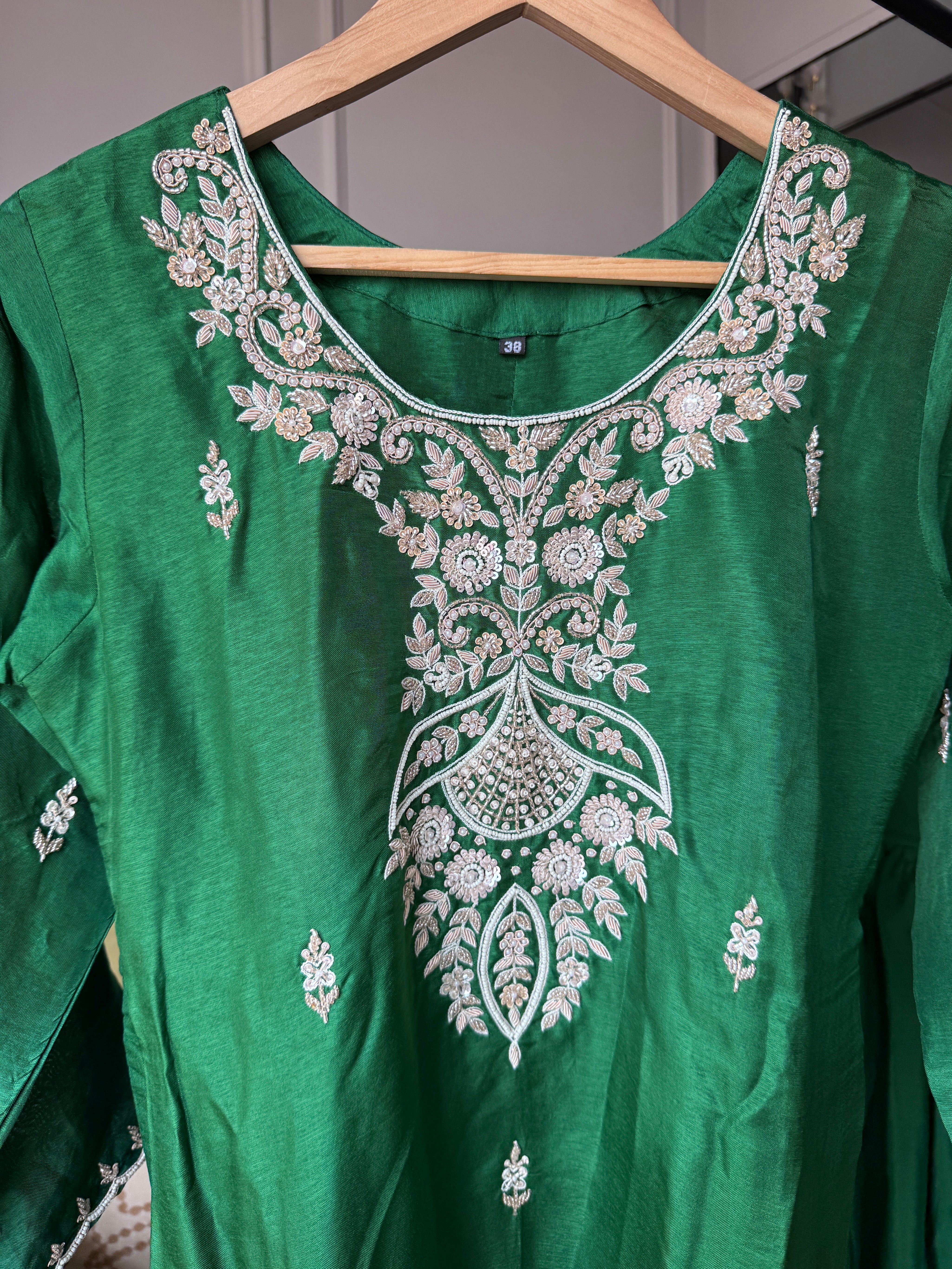 Rajvi Handwork Short Kurta With Plazzo Set- Green