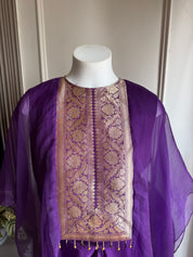 Damini Banarasi patchwork cape with blouse and omber skirt- Purple