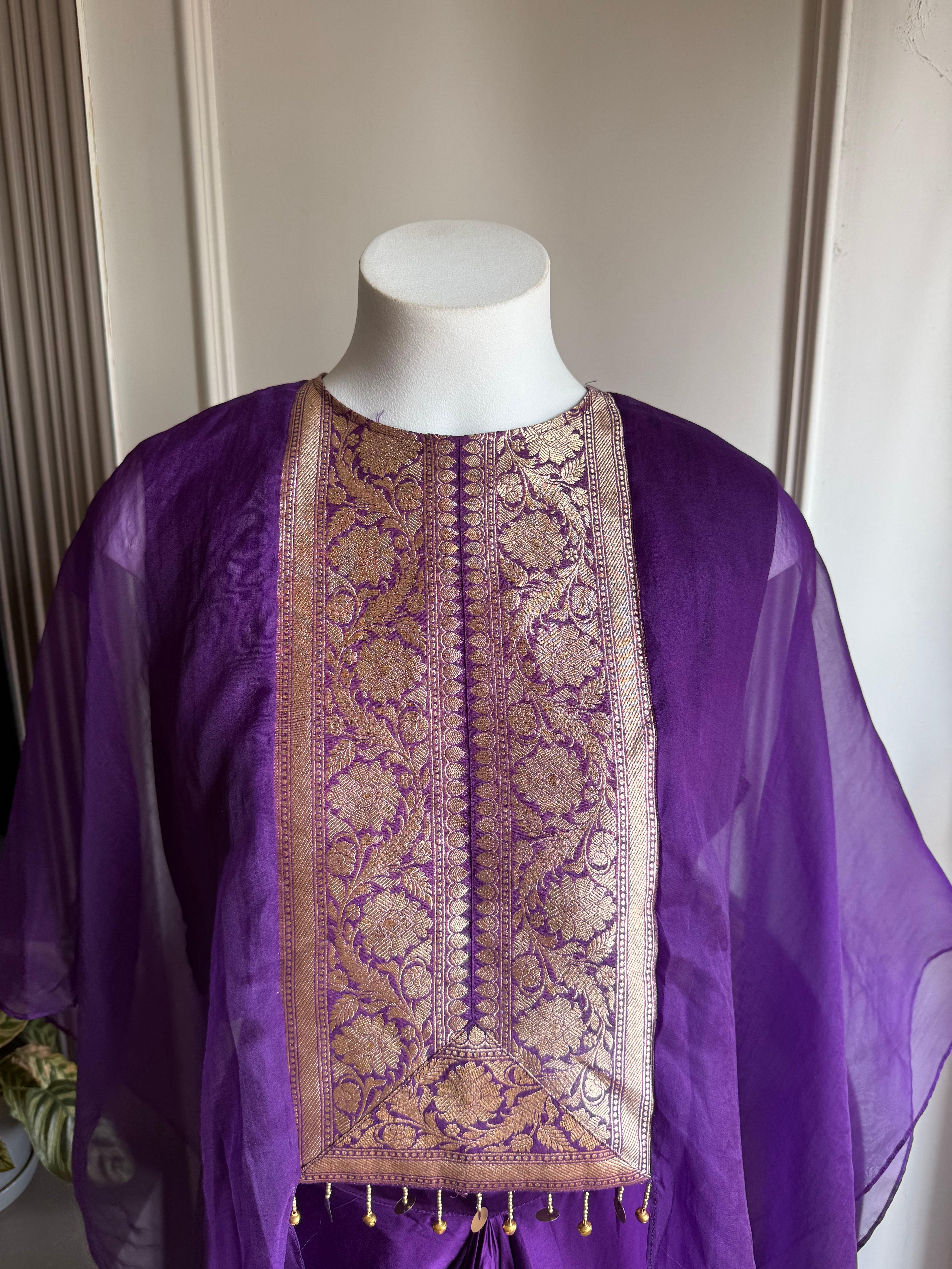 Damini Banarasi patchwork cape with blouse and omber skirt- Purple