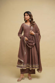 Kapila Cotton Anarkali With Tie Back Pillow Tassels  - Brown