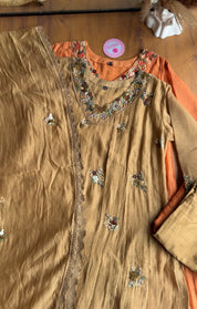 Kiran floral katha Mul Chanderi Anarkali Dress- Beige