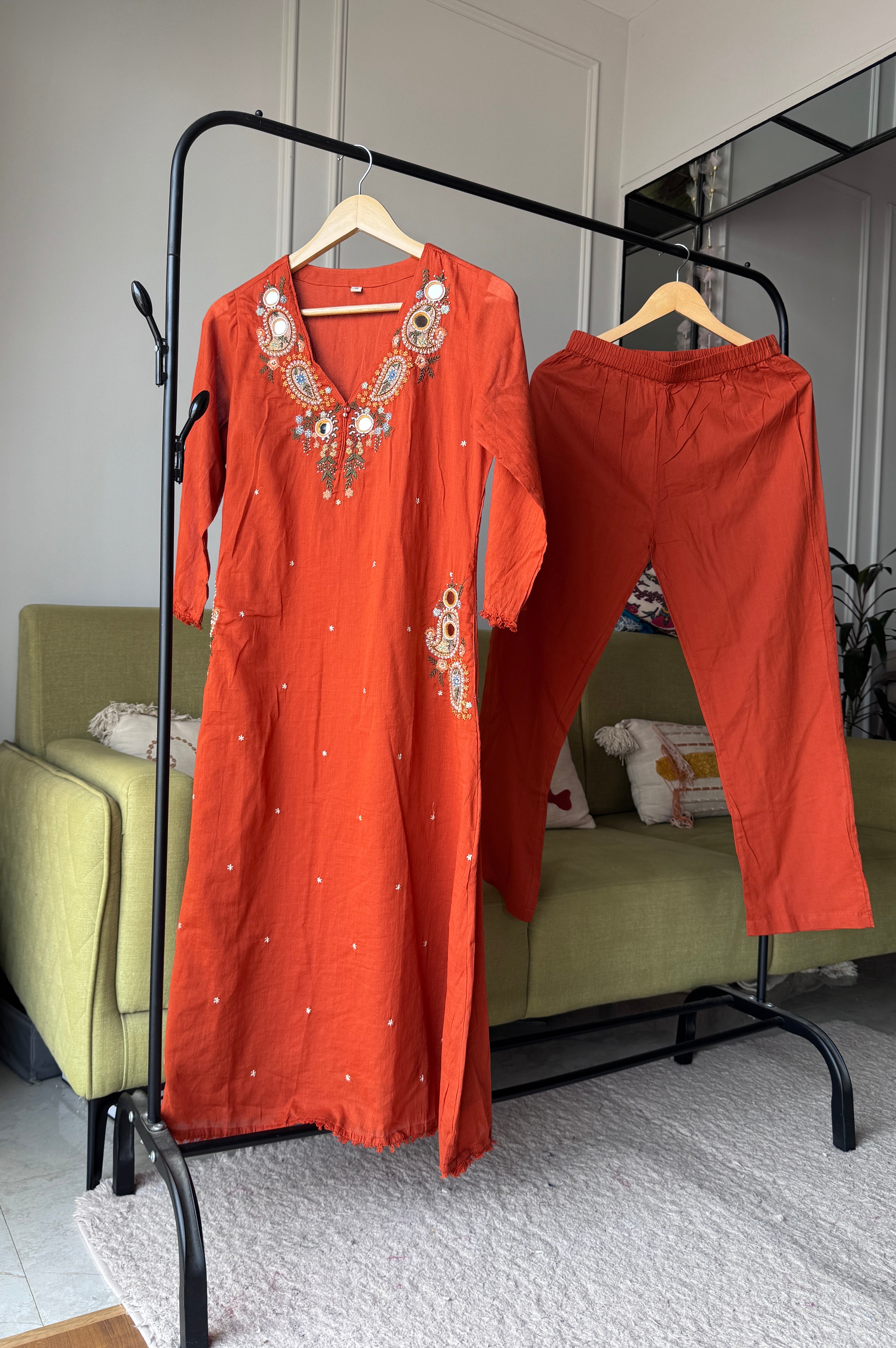 Mannat Pocket Embroided Mul  Cotton Dress- Rust