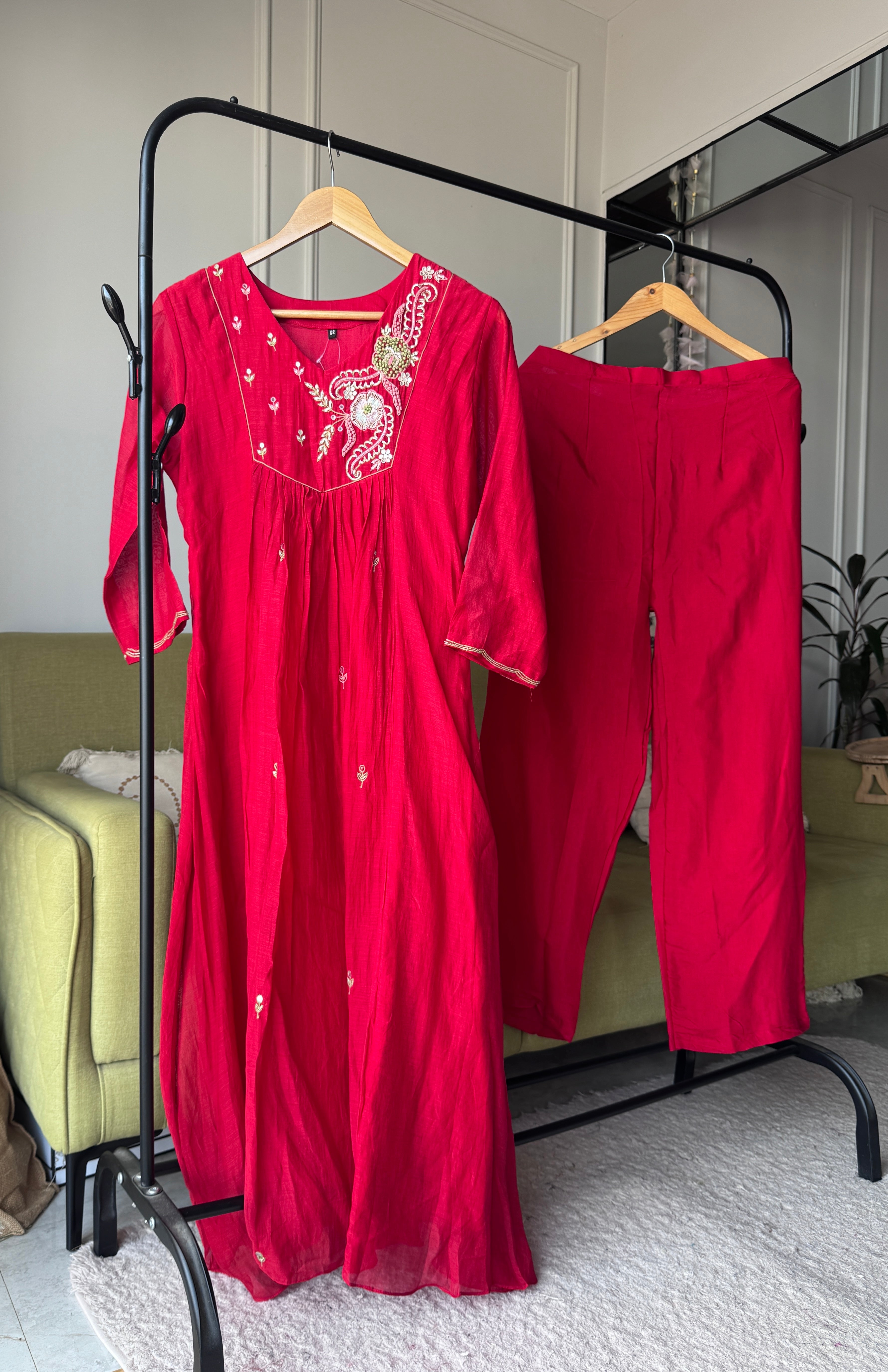 Farheen  Handwork Mul Chanderi Dress- Cherry Red