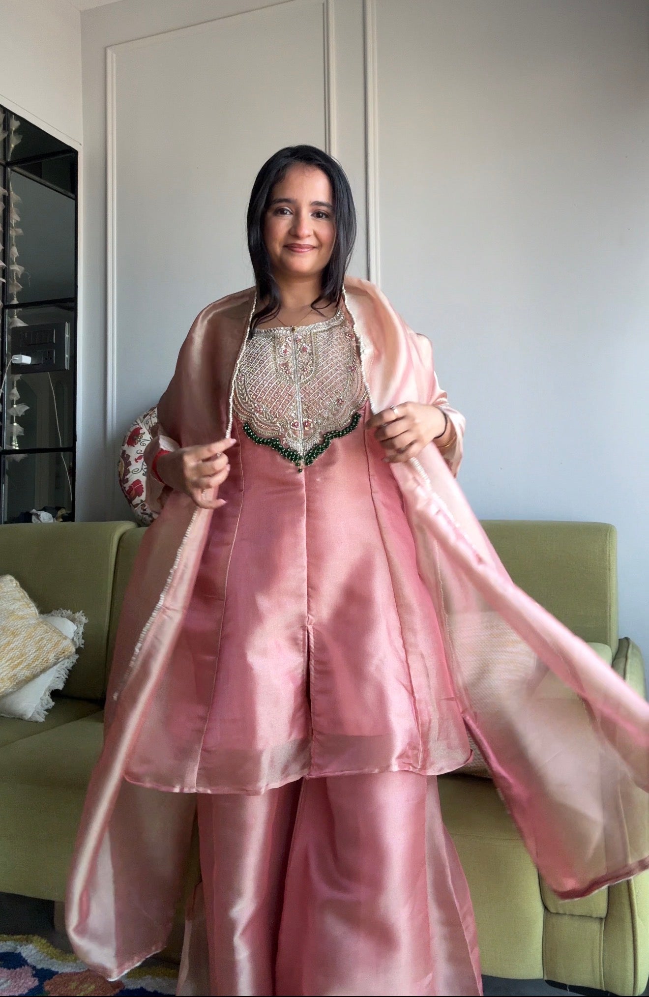 Shanaya Organza Emerald Necklaces Yoke Short Kurta With Plazzo- Baby Pink