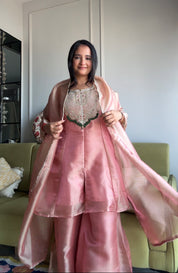 Shanaya Organza Emerald Necklaces Yoke Short Kurta With Plazzo- Baby Pink