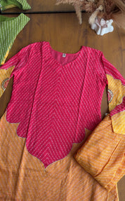 Kajol Bandhani Short Kurta Paired With Breezy Kota Doriya Farshi Pants- Pink