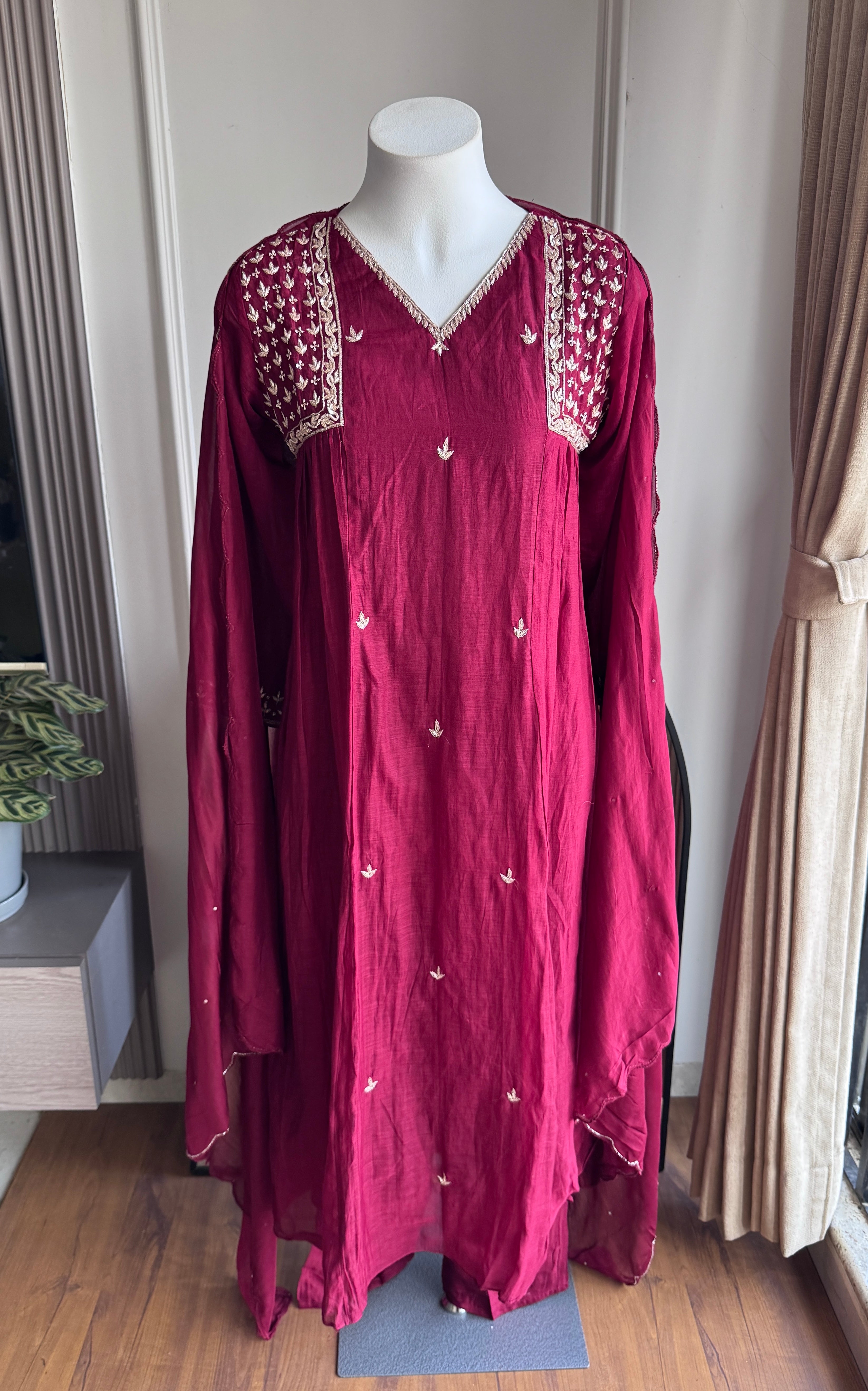 Krystle Handwork Mul Chanderi Dress-Maroon