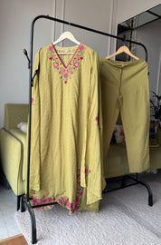 Mahima Embroided Cotton Dress-Green