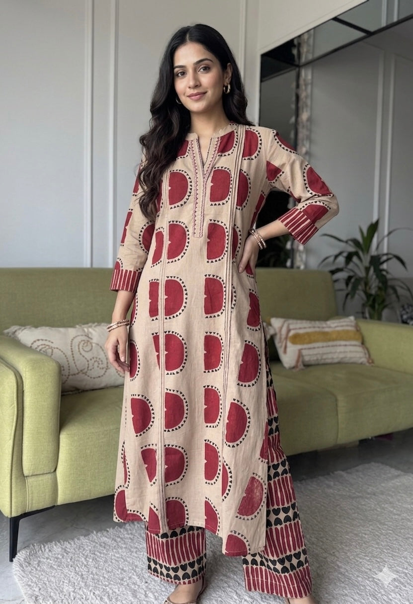 Vrushti Flex Cotton Pocket  Coords- Beige/Red