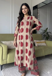 Vrushti Flex Cotton Pocket  Coords- Beige/Red
