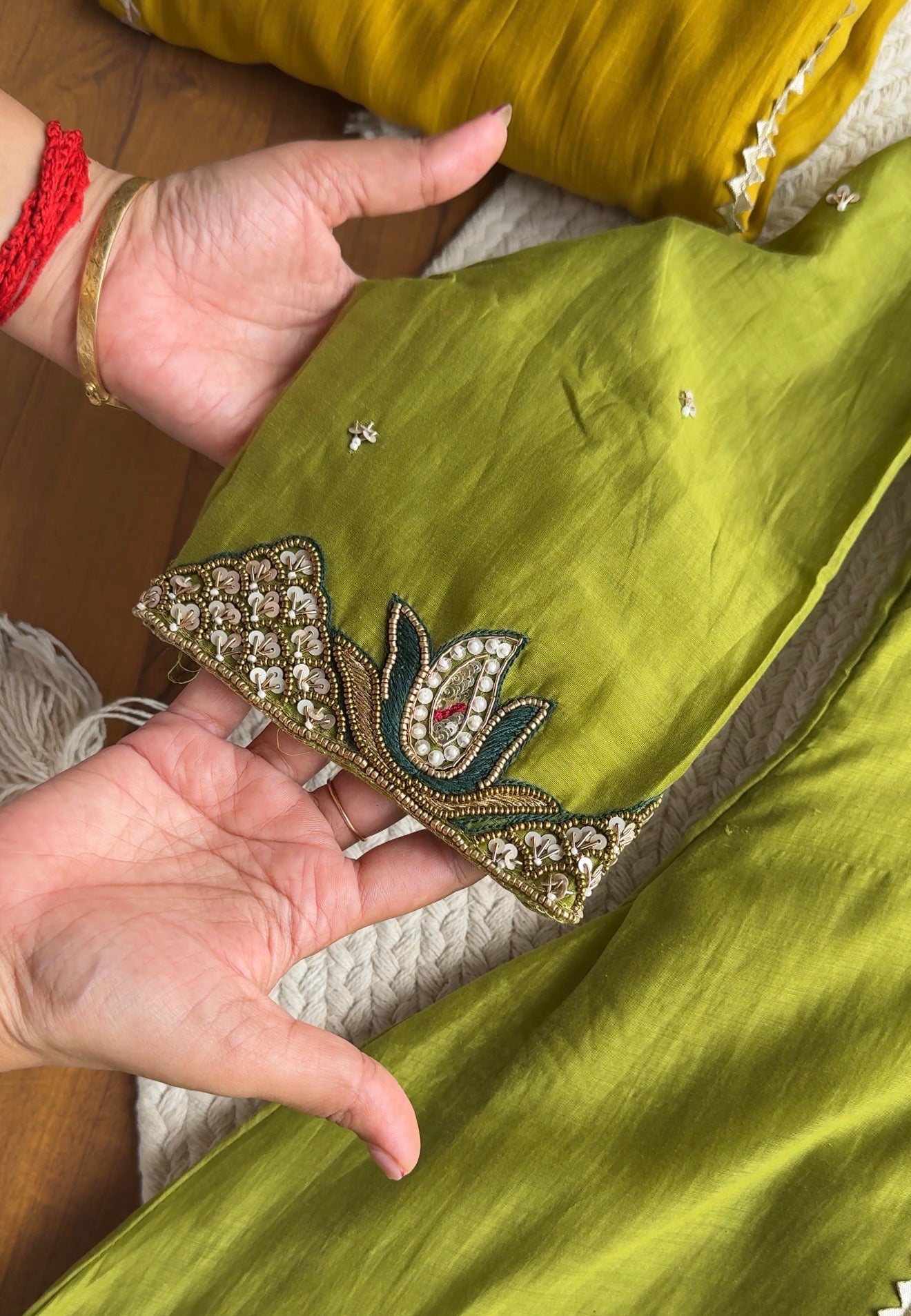Pooja Necklaces Mul Chanderi Dress-Green