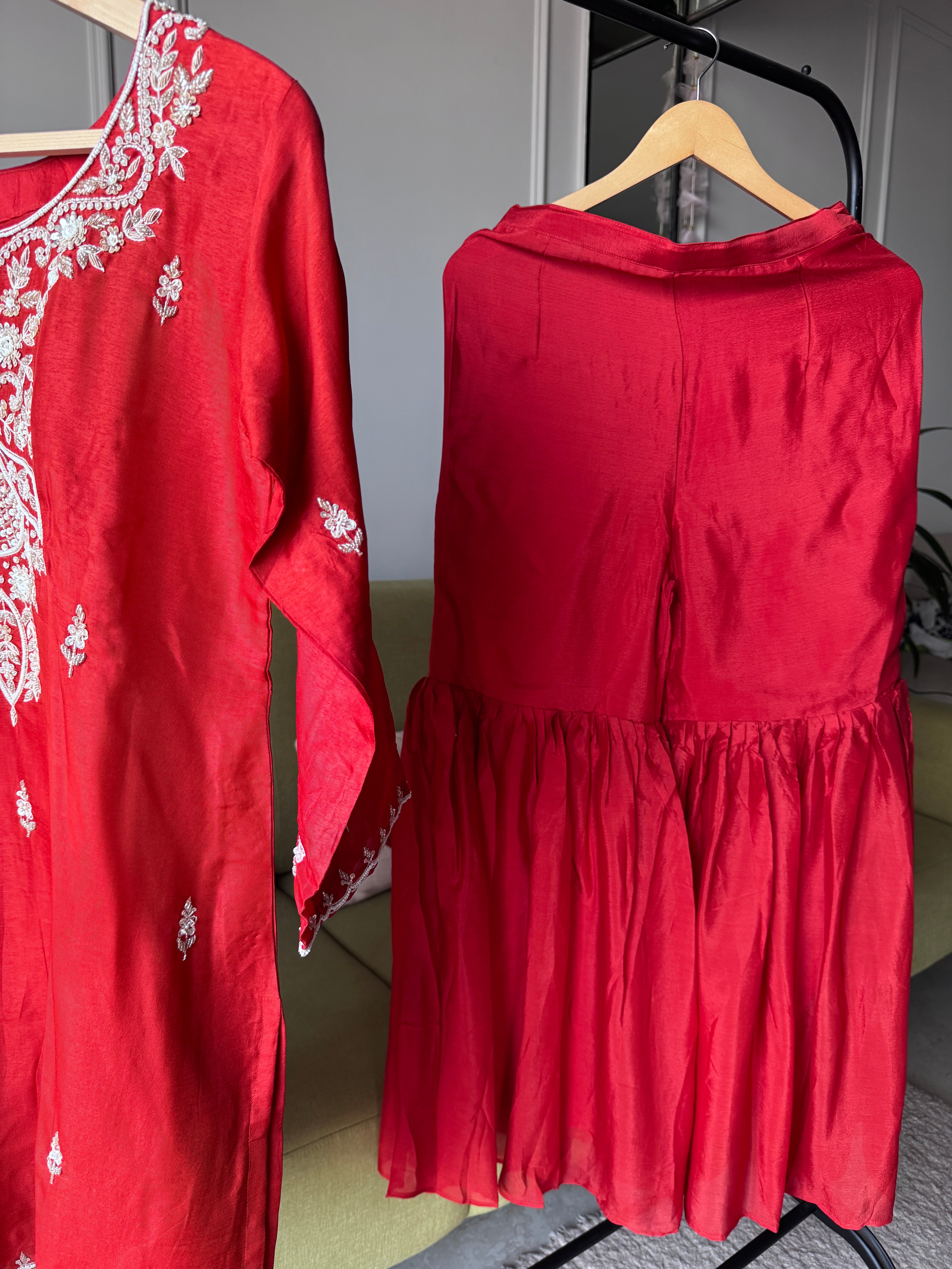 Rajvi Handwork Short Kurta With Plazzo Set-Rust