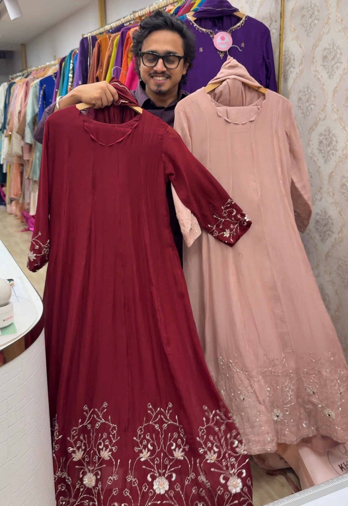 Ruhi Scalloped Neck Mul Chanderi Dress-Maroon
