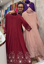 Ruhi Scalloped Neck Mul Chanderi Dress-Maroon
