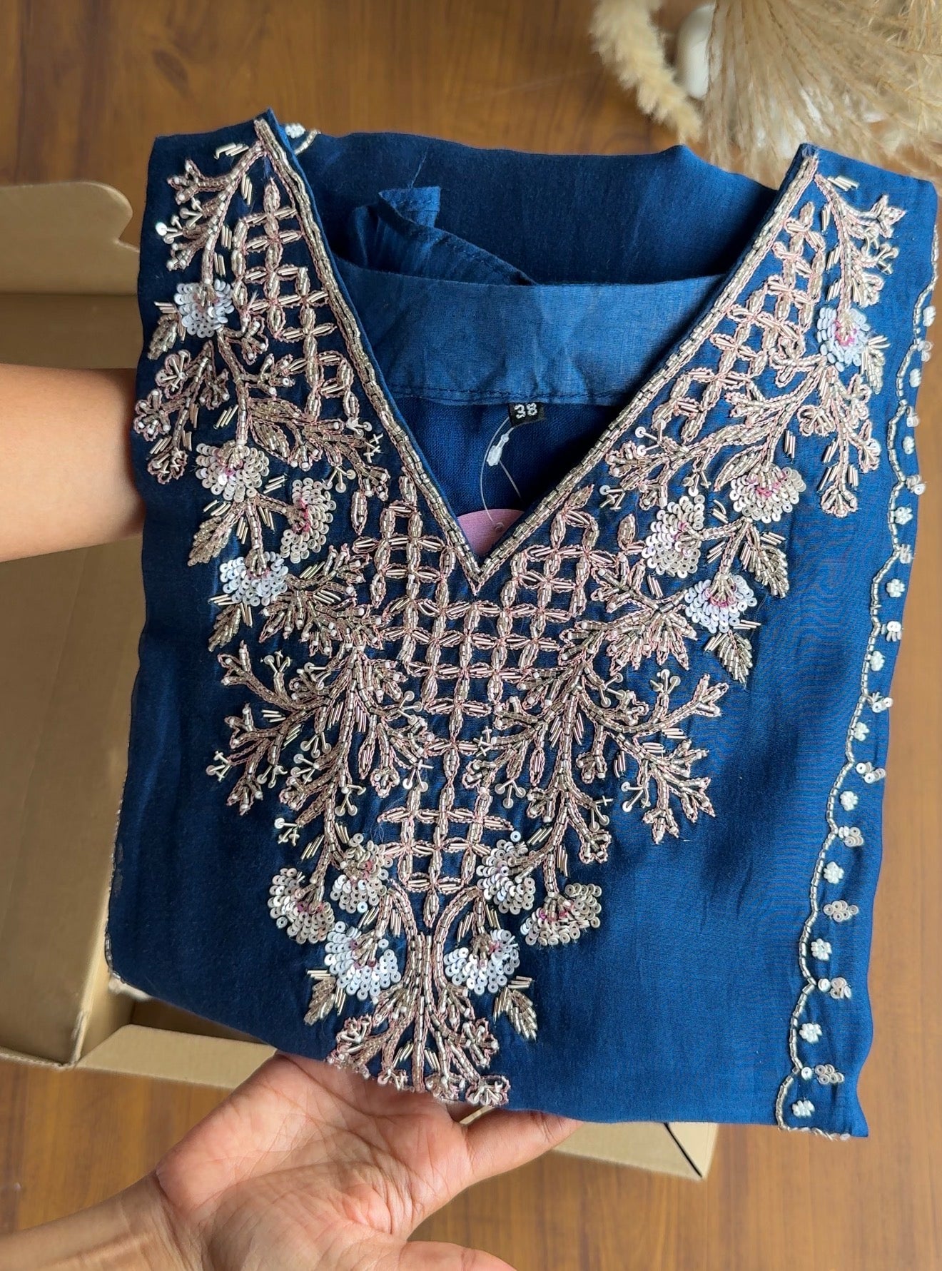 Jiya Handwork Aline Mul Chanderi Dress- Blue