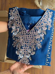 Jiya Handwork Aline Mul Chanderi Dress- Blue