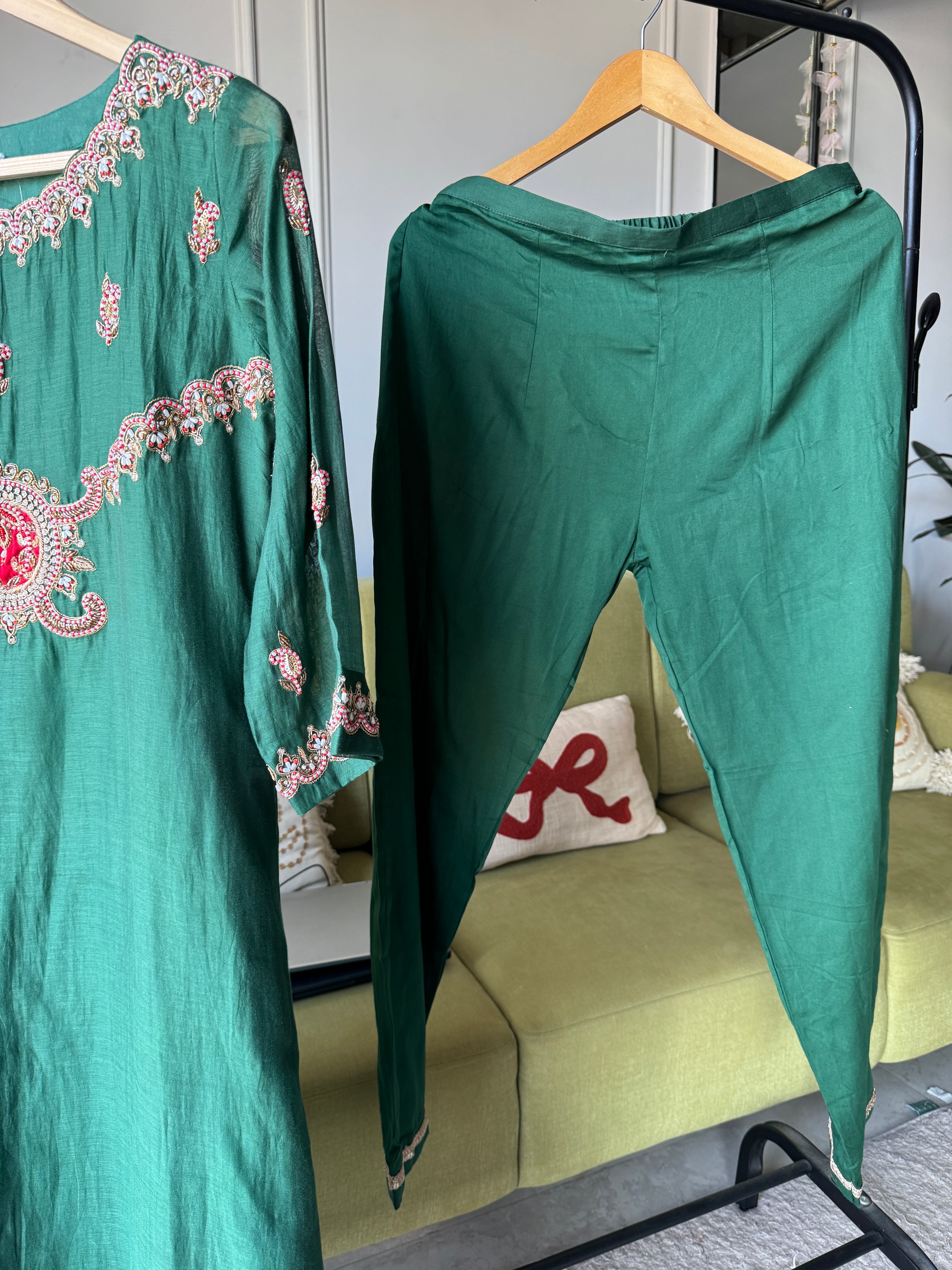 Tara Handwork Mul Chanderi Dress- Green