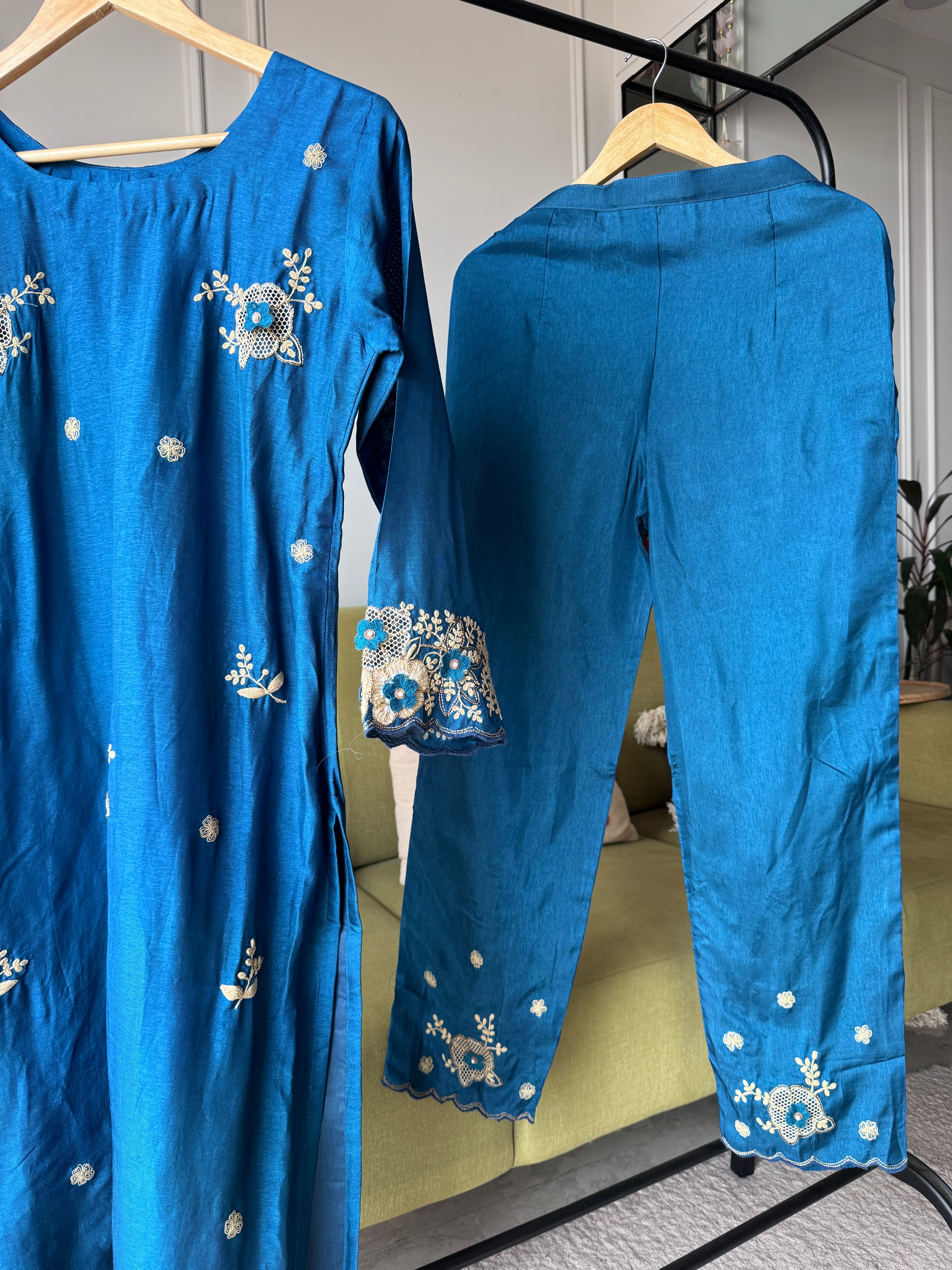 Rasika Embroided Russian Silk Dress-Blue