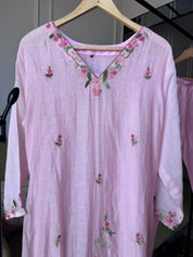 Apoorva Katha Work Mul Chanderi Dress-Baby Pink (Make to Order)