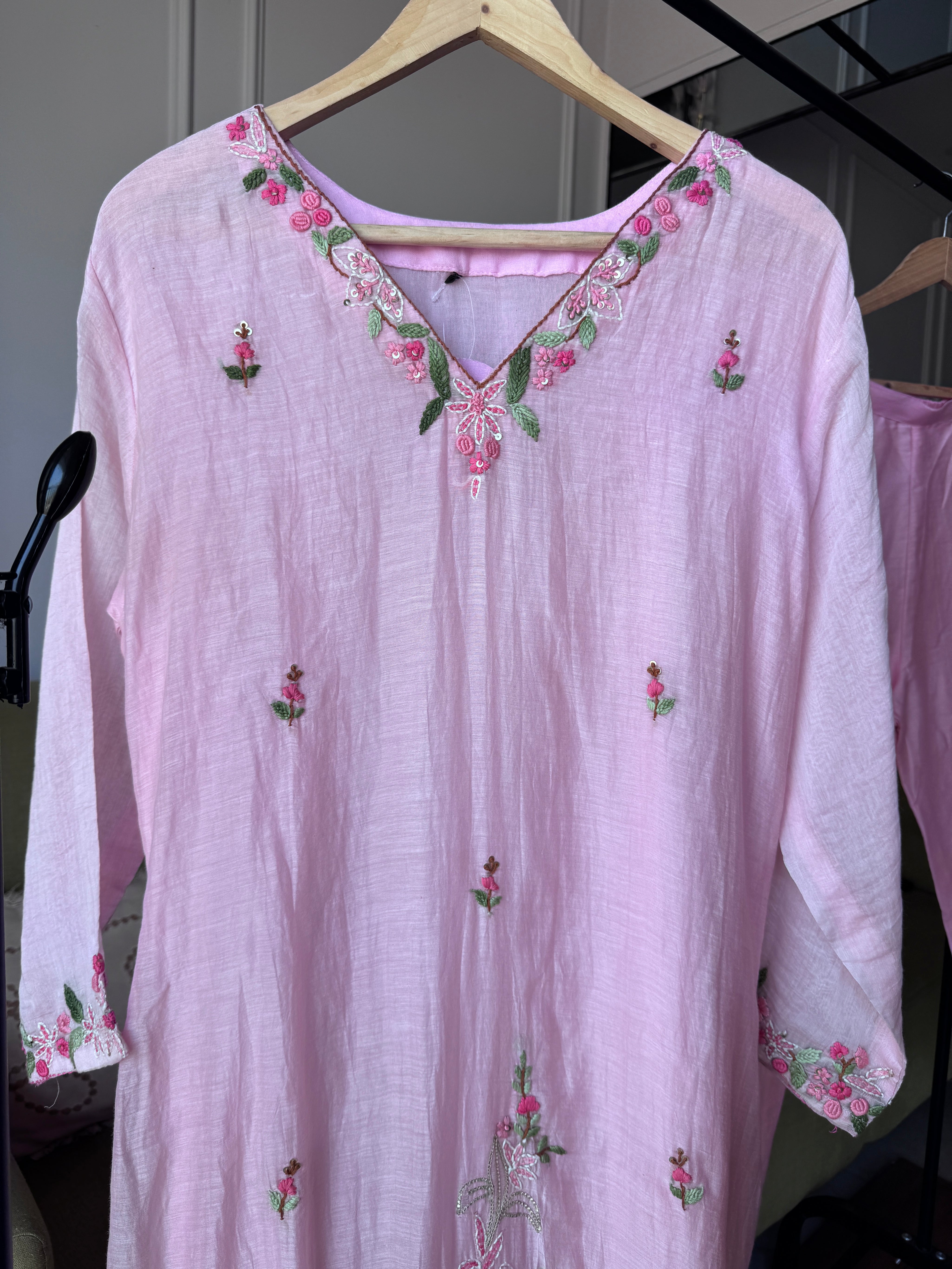 Apoorva Katha Work Mul Chanderi Dress-Baby Pink (Make to Order)