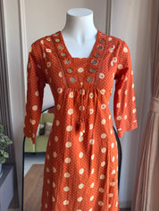 Pavithra Polka Dot Cotton Dress-Rust