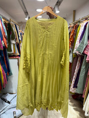 Eshika Mul Chanderi Cut Work Dress- Lemon Green