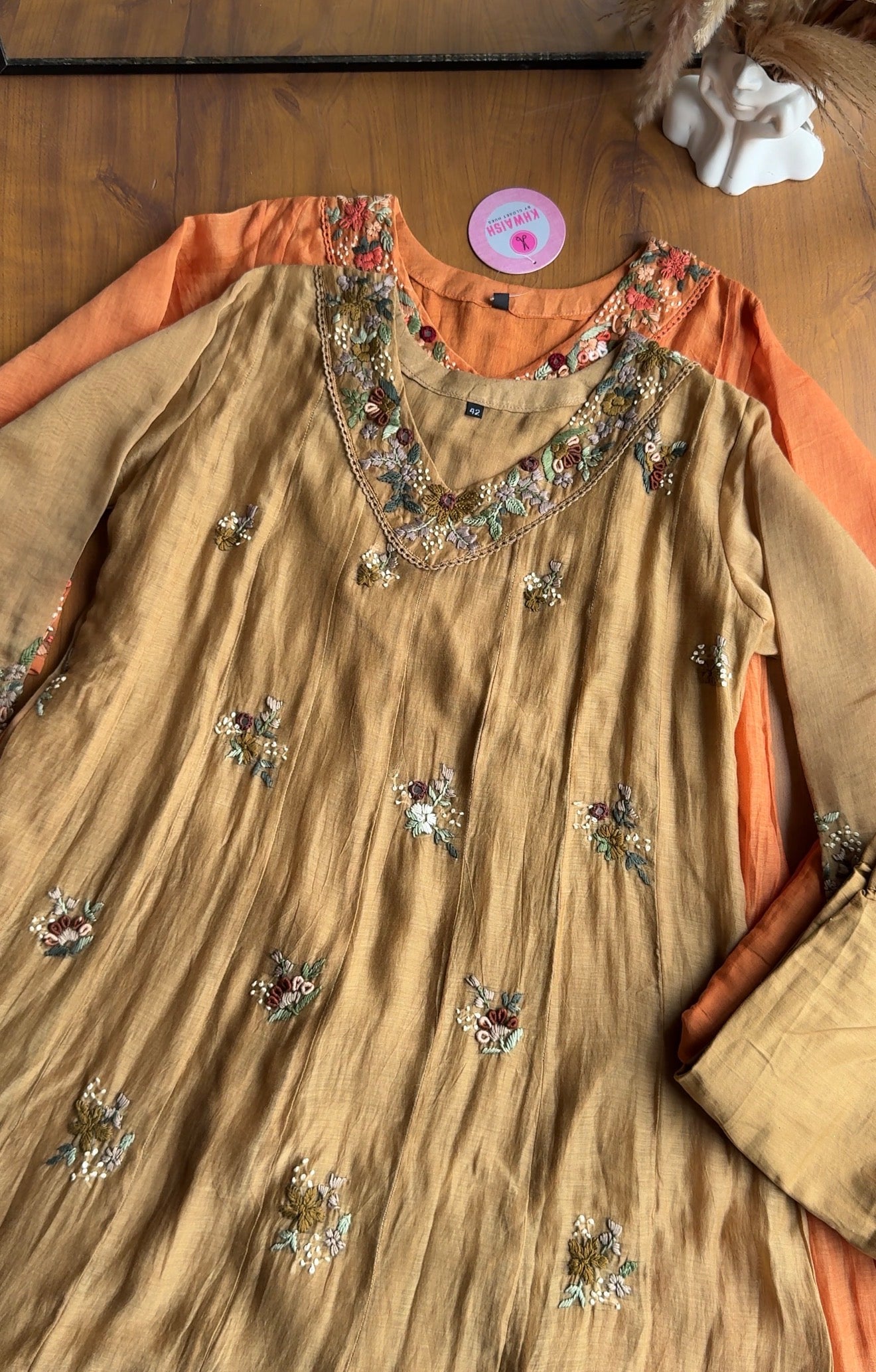 Kiran floral katha Mul Chanderi Anarkali Dress- Beige