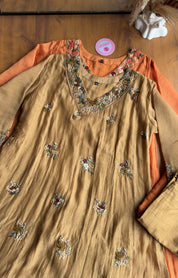 Kiran floral katha Mul Chanderi Anarkali Dress- Beige