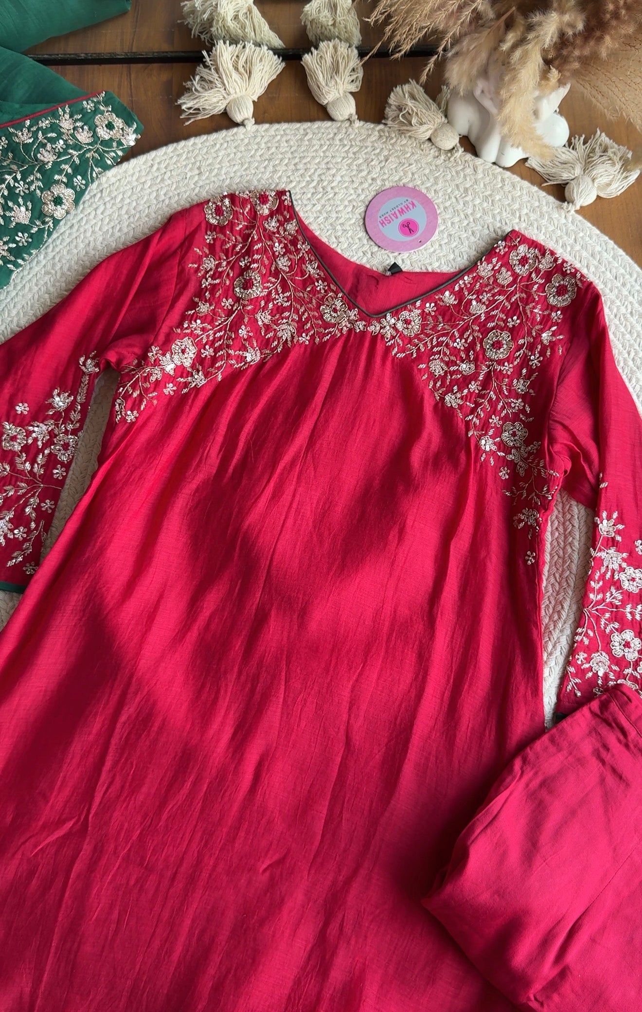 Sima Handwork Mul Chanderi Dress- Red