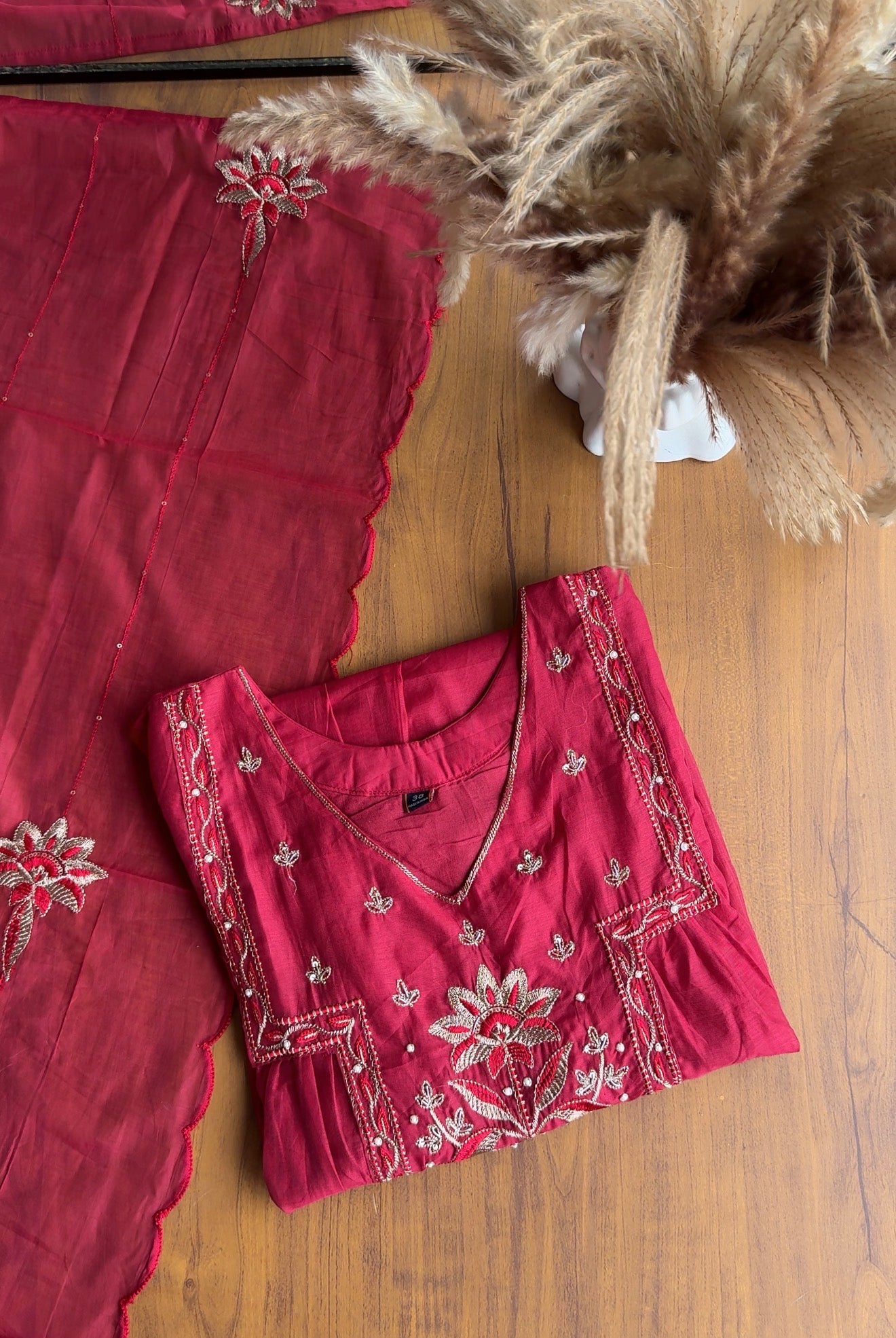 Handwork Short Kurta Plazo - Red