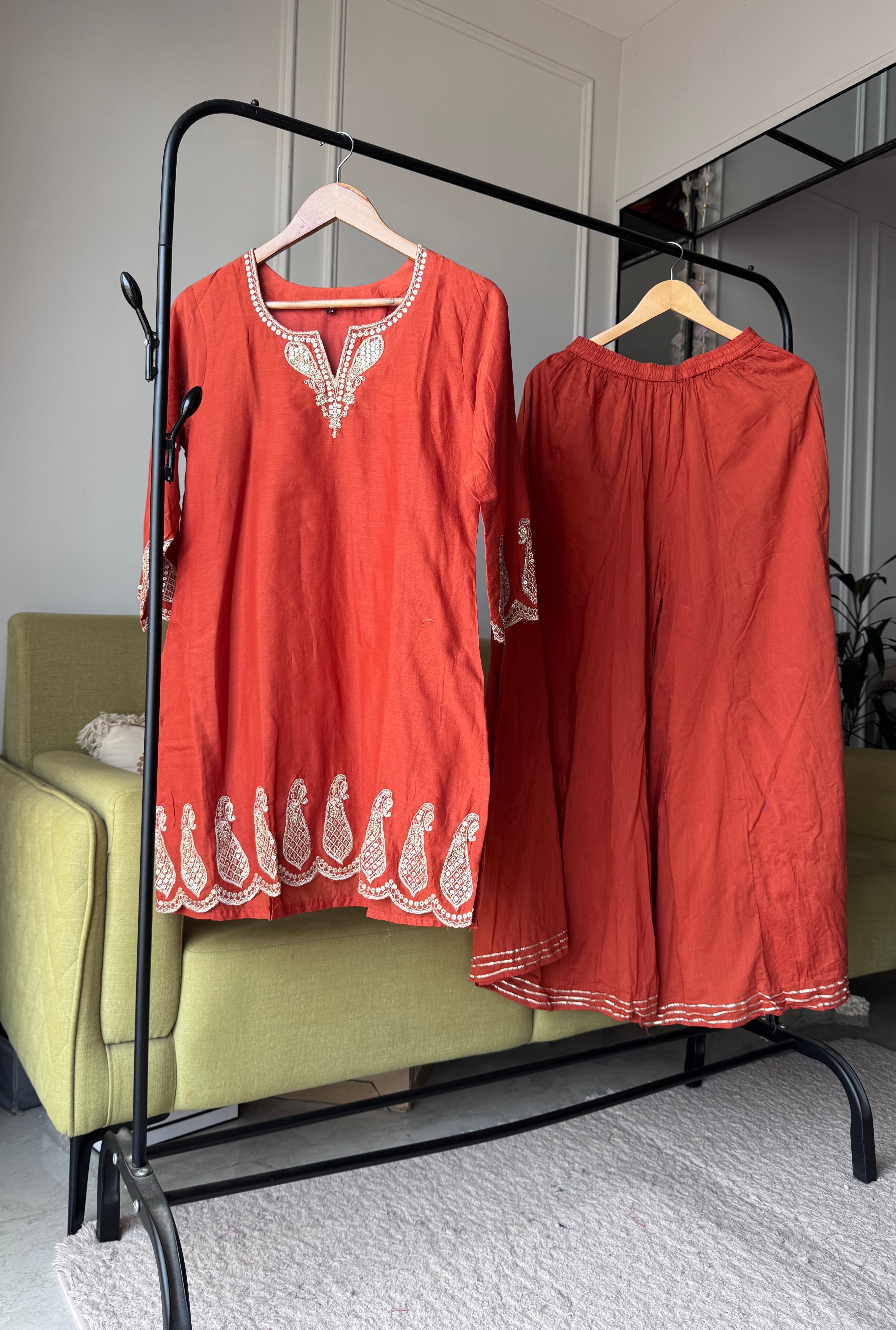 Priya Short Kurta Sharara Dress- Rust