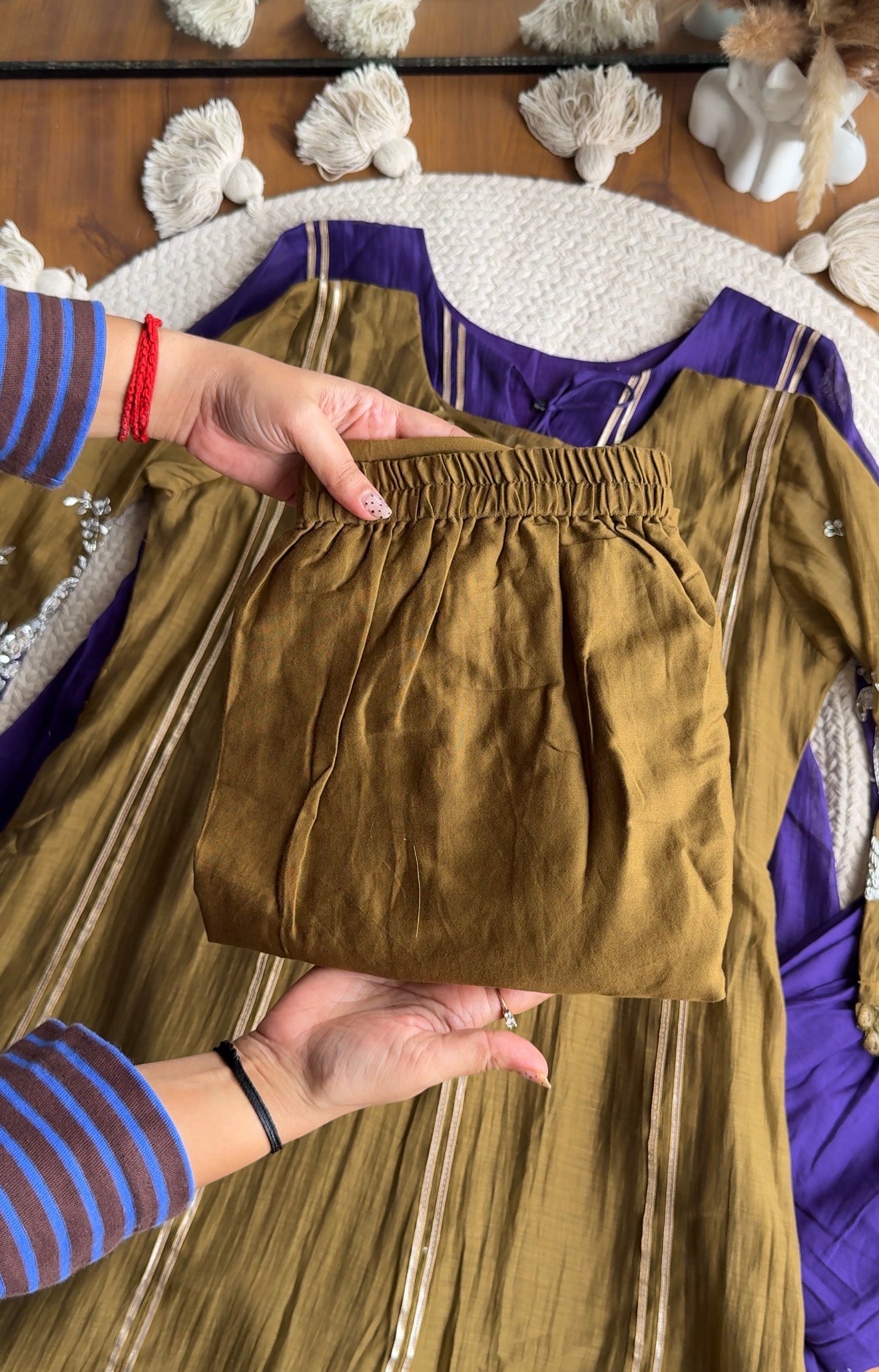 Sona hand work Mul Chanderi Dress- Olive Green