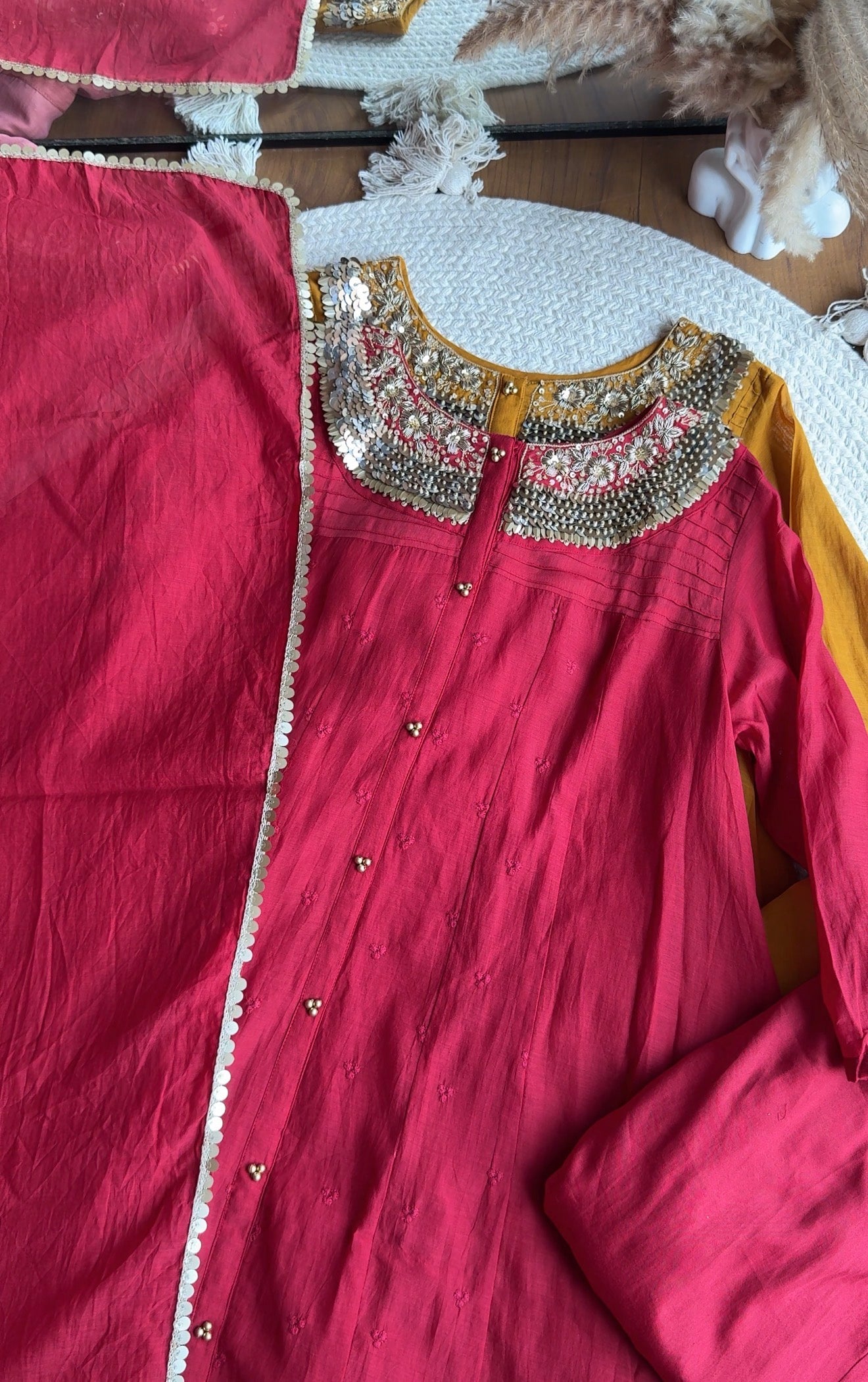 Yukti Handwork Mul Chanderi Dress- Red