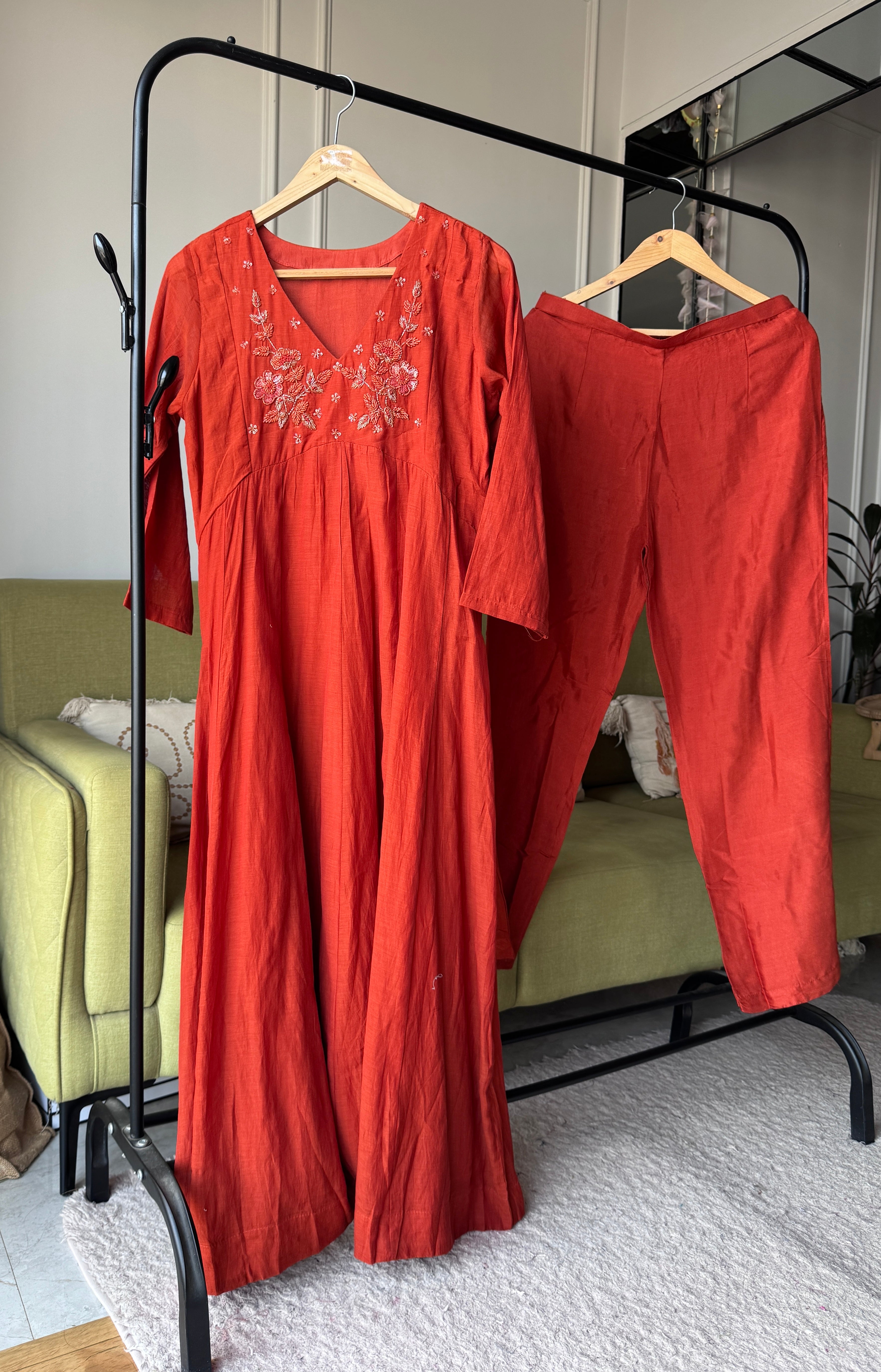 Paro  Mul Chanderi Alia Neck Handwork Dress-Rust