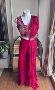 Rina Handwork Draped Sare with Plazzo Set- Maroon