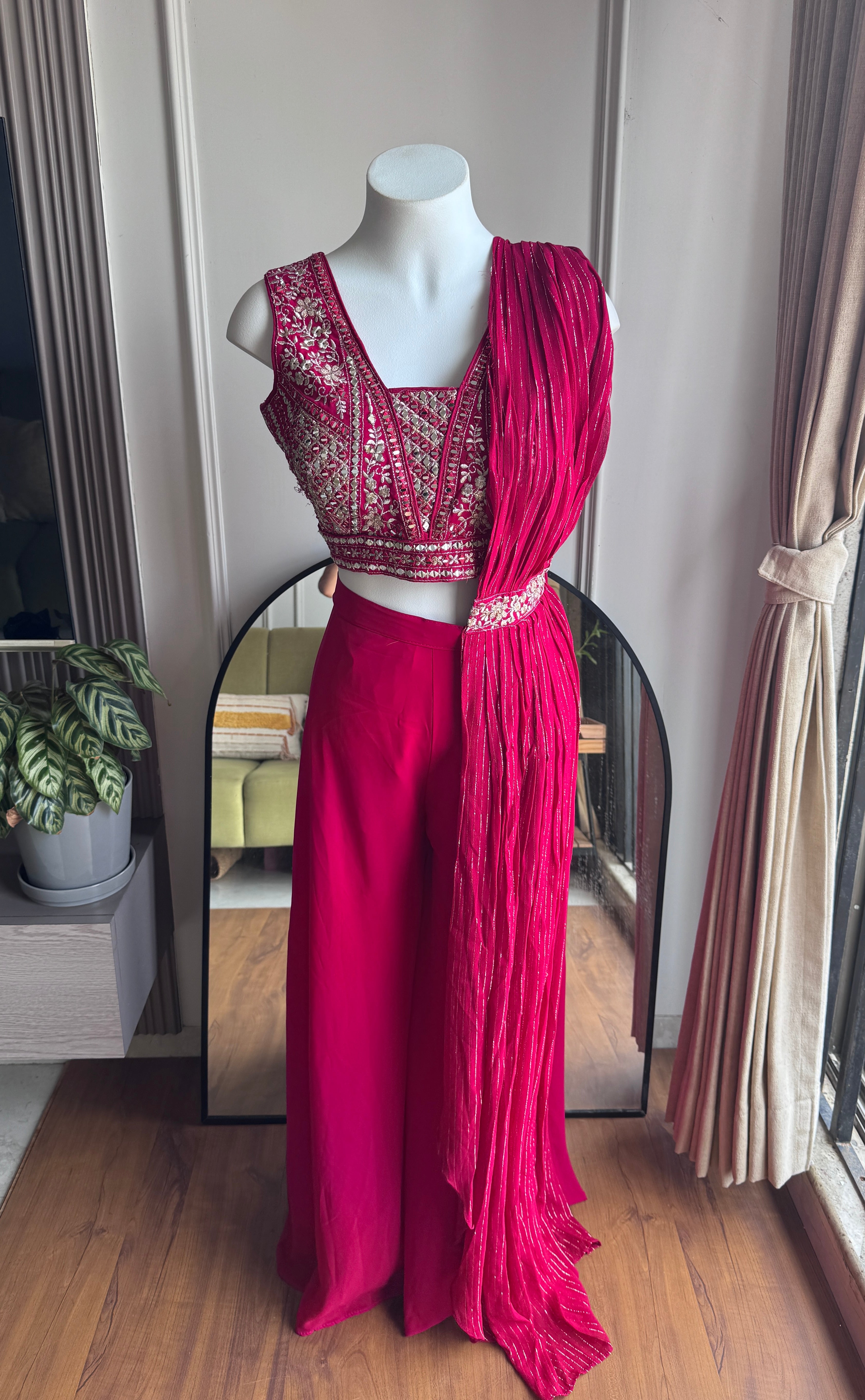 Rina Handwork Draped Sare with Plazzo Set- Maroon