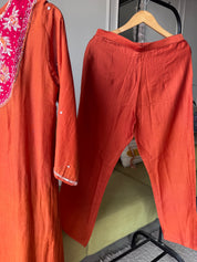 Ridhima Handwork Mul Chanderi Dress- Rust